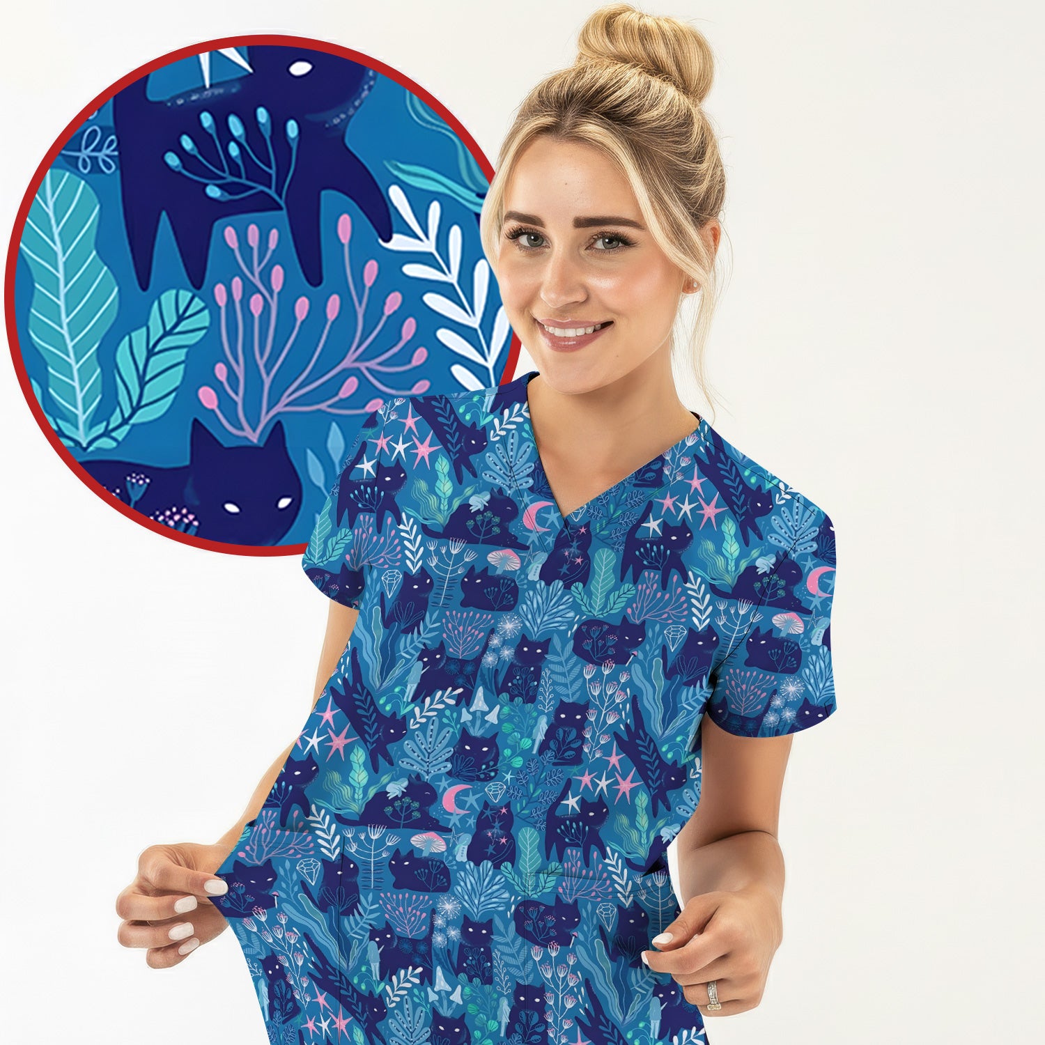 Adorable Celestial Cat Moon Star Pattern Scrub Top, Comfortable Scrubs For Nurses