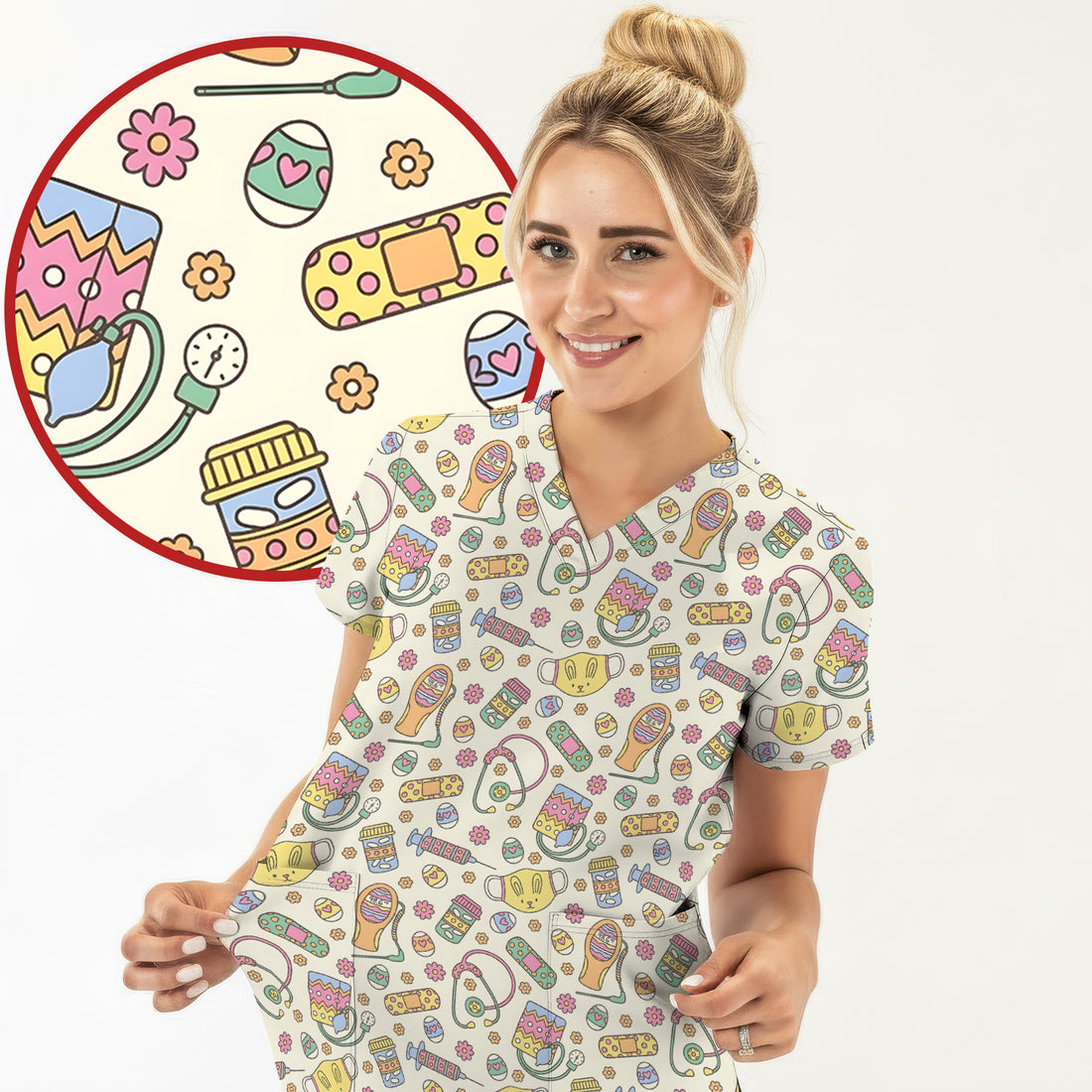 Easter Nurse Bunny Medical Pattern Scrub Top, Breathable Fabrics Nursing Uniform