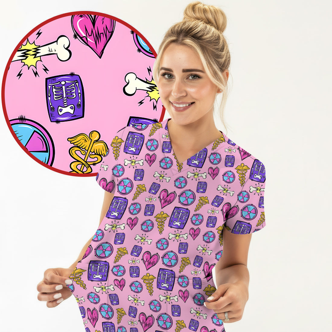 Sassy Nurse Heart Bone Caduceus Xray Icon Print Scrub Top, Comfortable Scrubs for Nurses