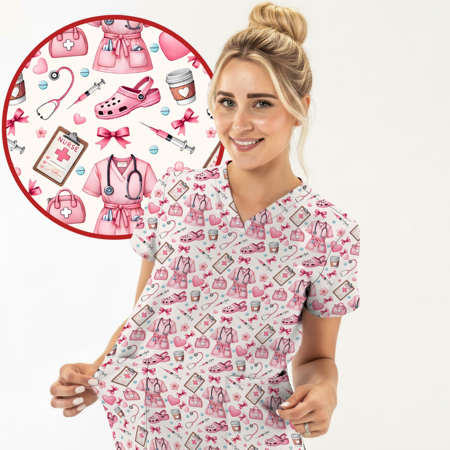 Valentine Pink Nurse Icons Print Scrub Top, Comfortable Scrubs for Nurses