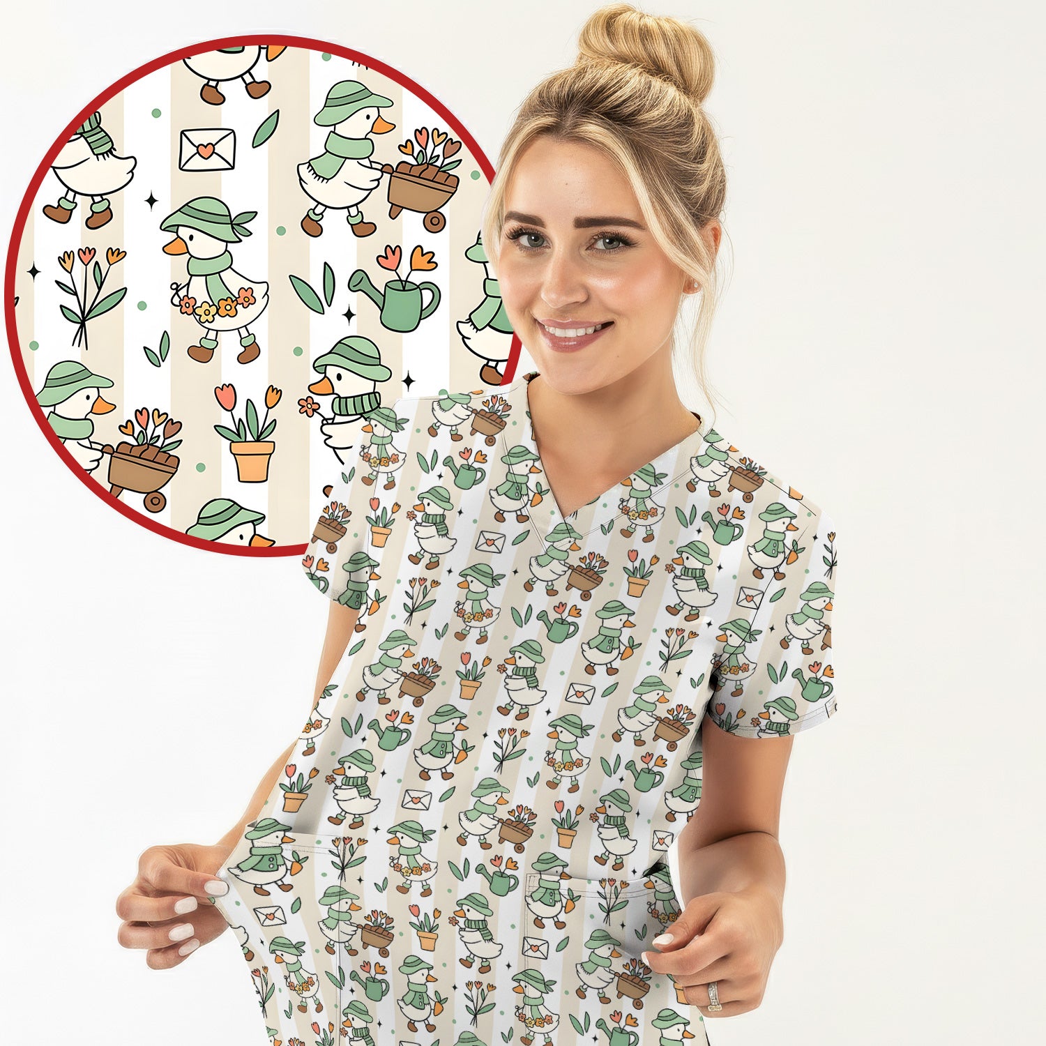Cute Gardening Duck Floral Pattern Scrub Top, Comfortable Scrubs for Nurses