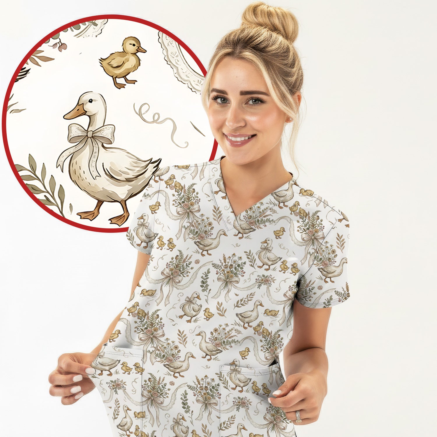 Vintage Duck Family Ribbon Floral Pattern Nurse Scrub Top, Breathable Fabrics Nursing Uniform