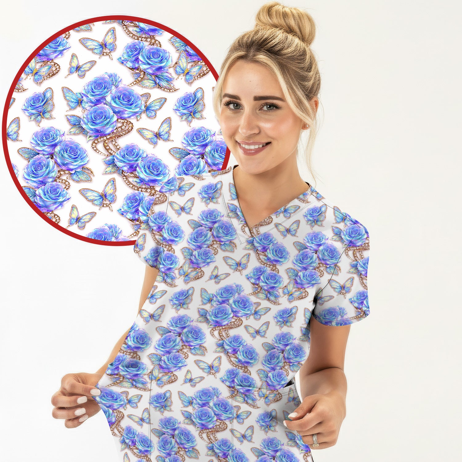 Elegant Blue Rose Floral Print Scrub Top, Soft & Breathable Nurse Scrubs