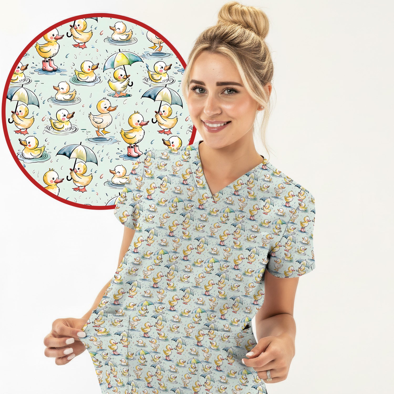 Playful Duck Rain Umbrella Print Nurse Scrub Top, Breathable Fabrics Nursing Uniform