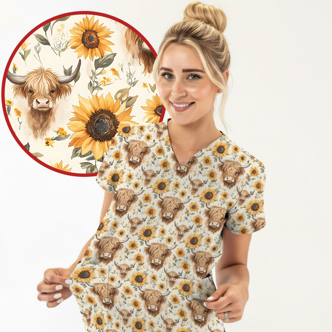 Highland Cow Sunflower Scrub Top, Rustic Farmhouse Nursing Uniform