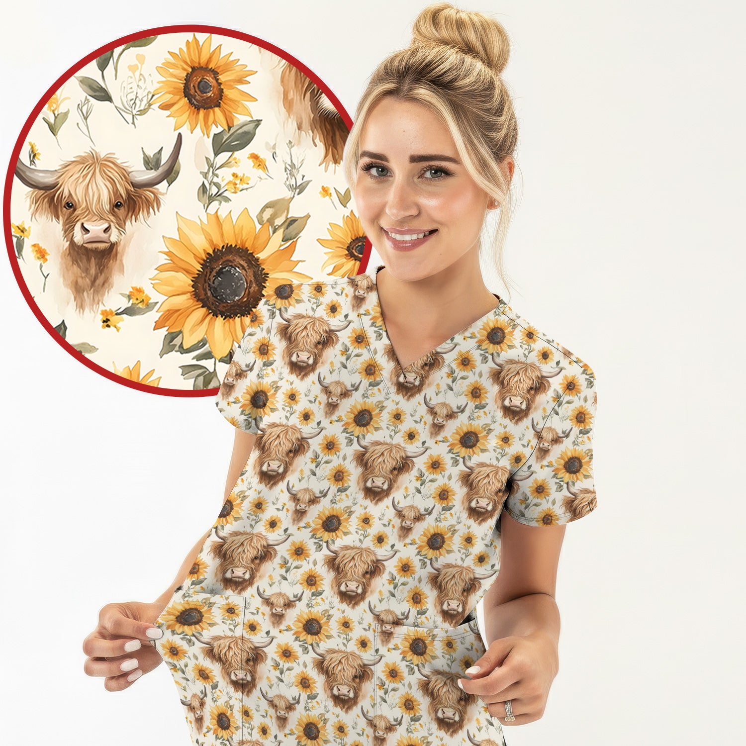 Highland Cow Sunflower Scrub Top, Rustic Farmhouse Nursing Uniform