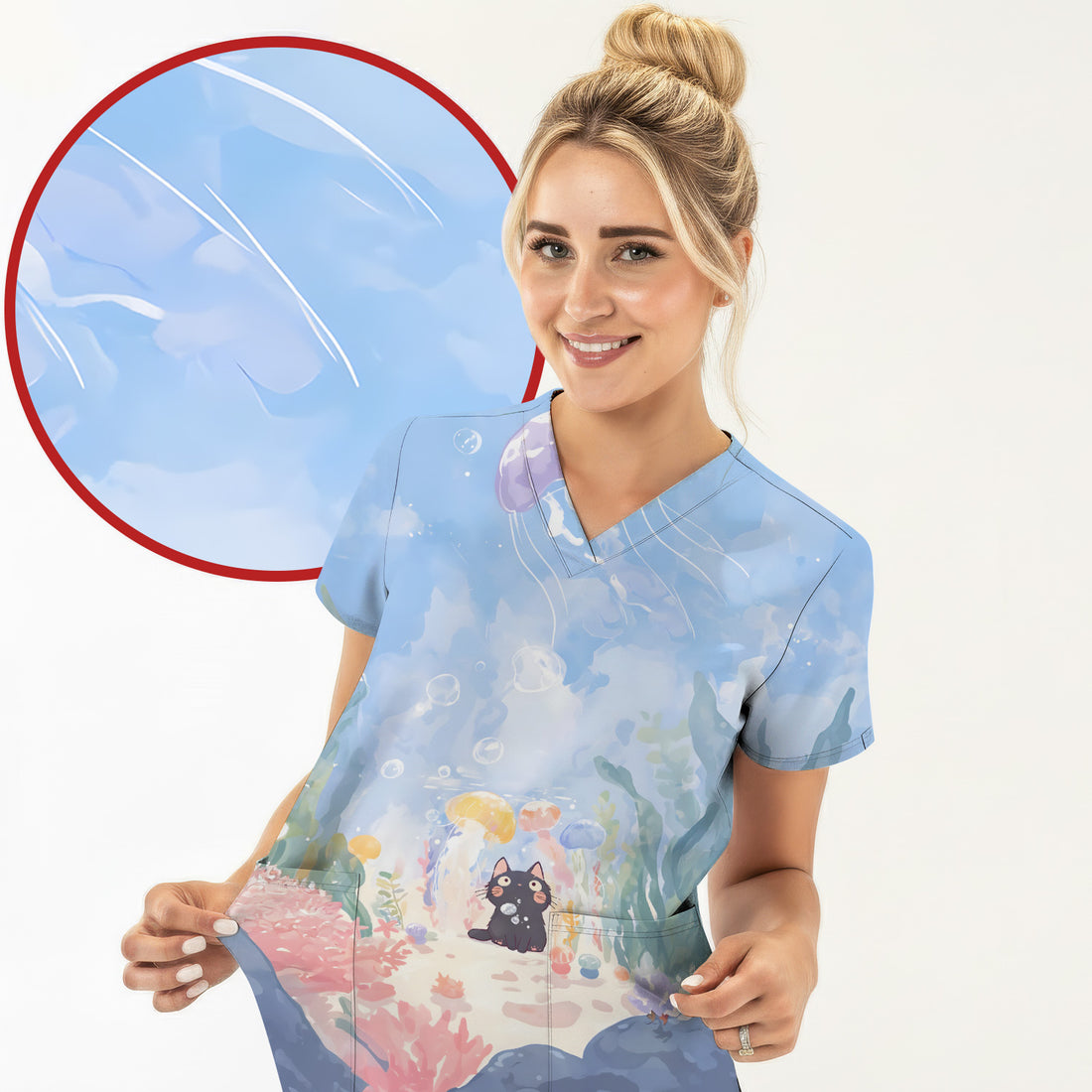 Cute Underwater Black Cat Jellyfish Pattern Scrub Top, Comfortable Scrubs for Nurses