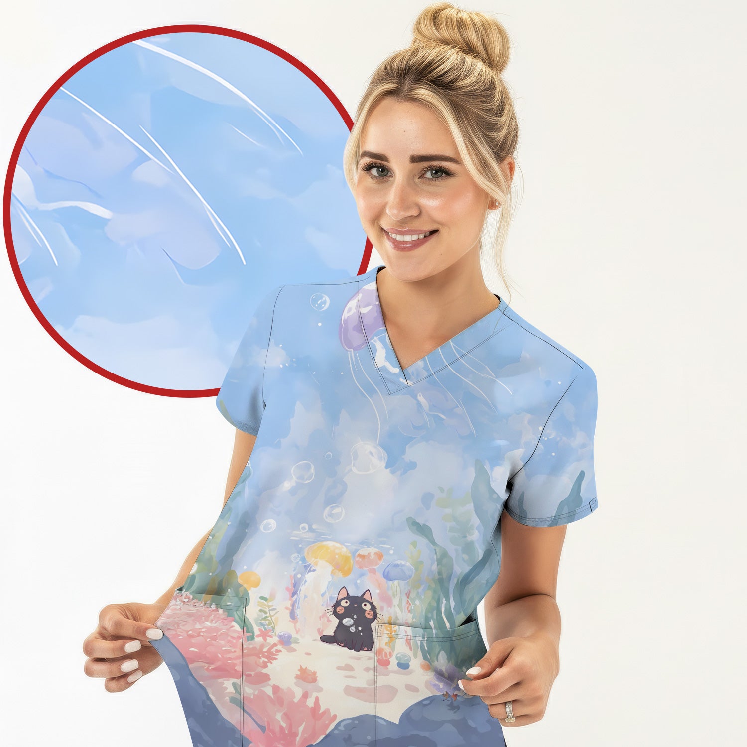 Cute Underwater Black Cat Jellyfish Pattern Scrub Top, Comfortable Scrubs for Nurses