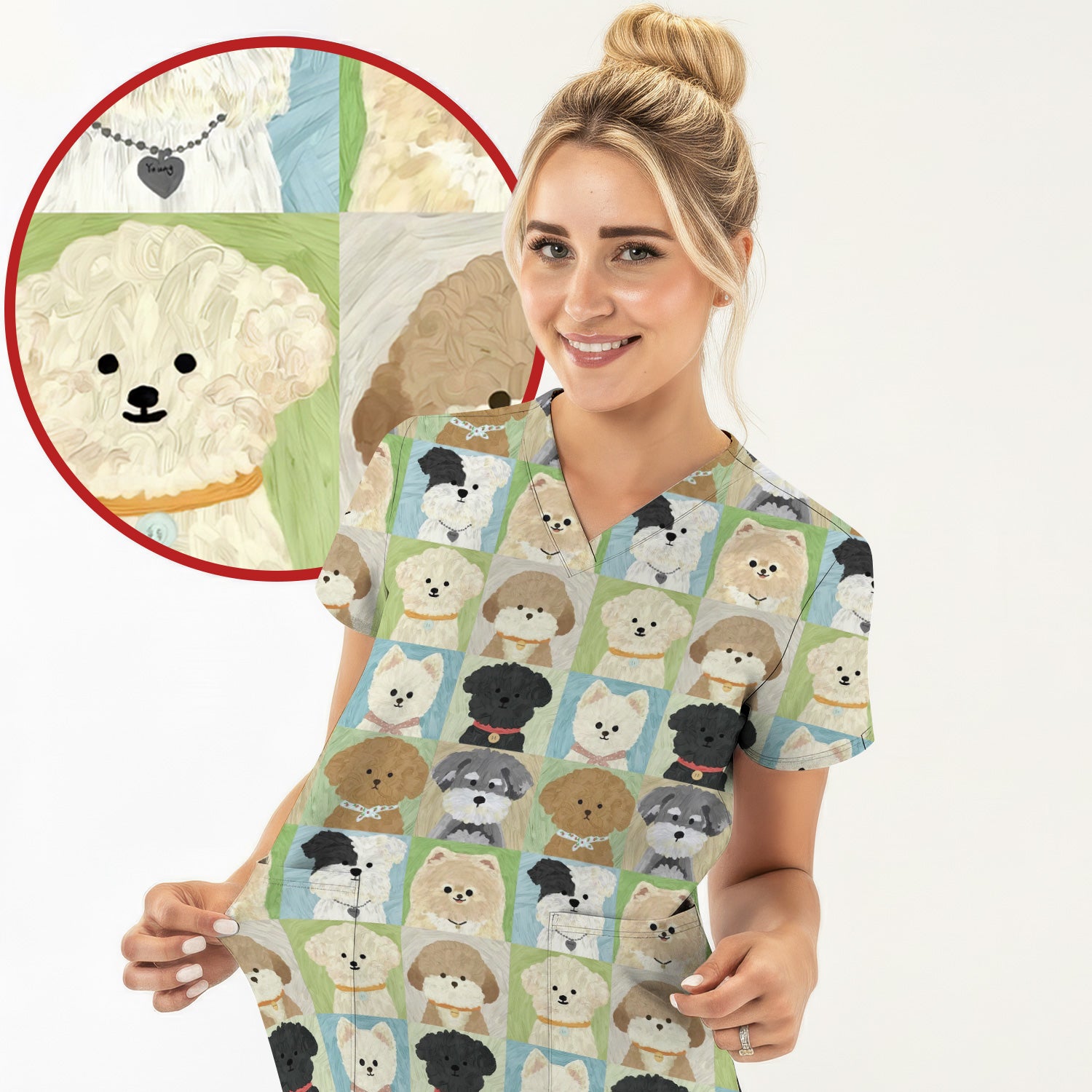 Adorable Different Dog Breeds Pattern Scrubs Top, Breathable Fabrics Nursing Uniform