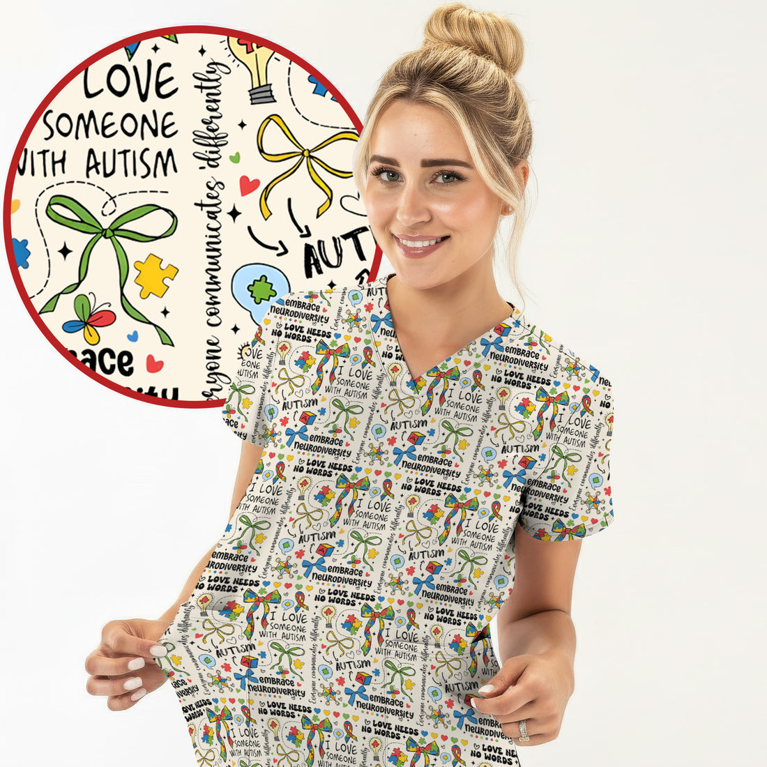 Autism Awareness Puzzle Ribbon Pattern Scrub Top, Breathable Fabrics Nursing Uniform