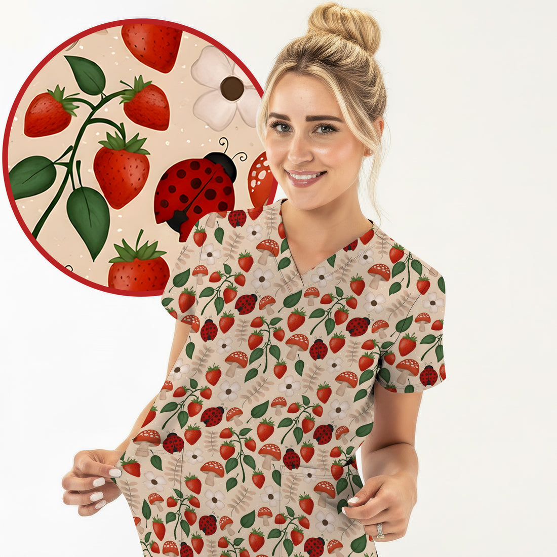 Strawberry Ladybug Mushroom Floral Scrub Top, Breathable Fabrics Nursing Uniform