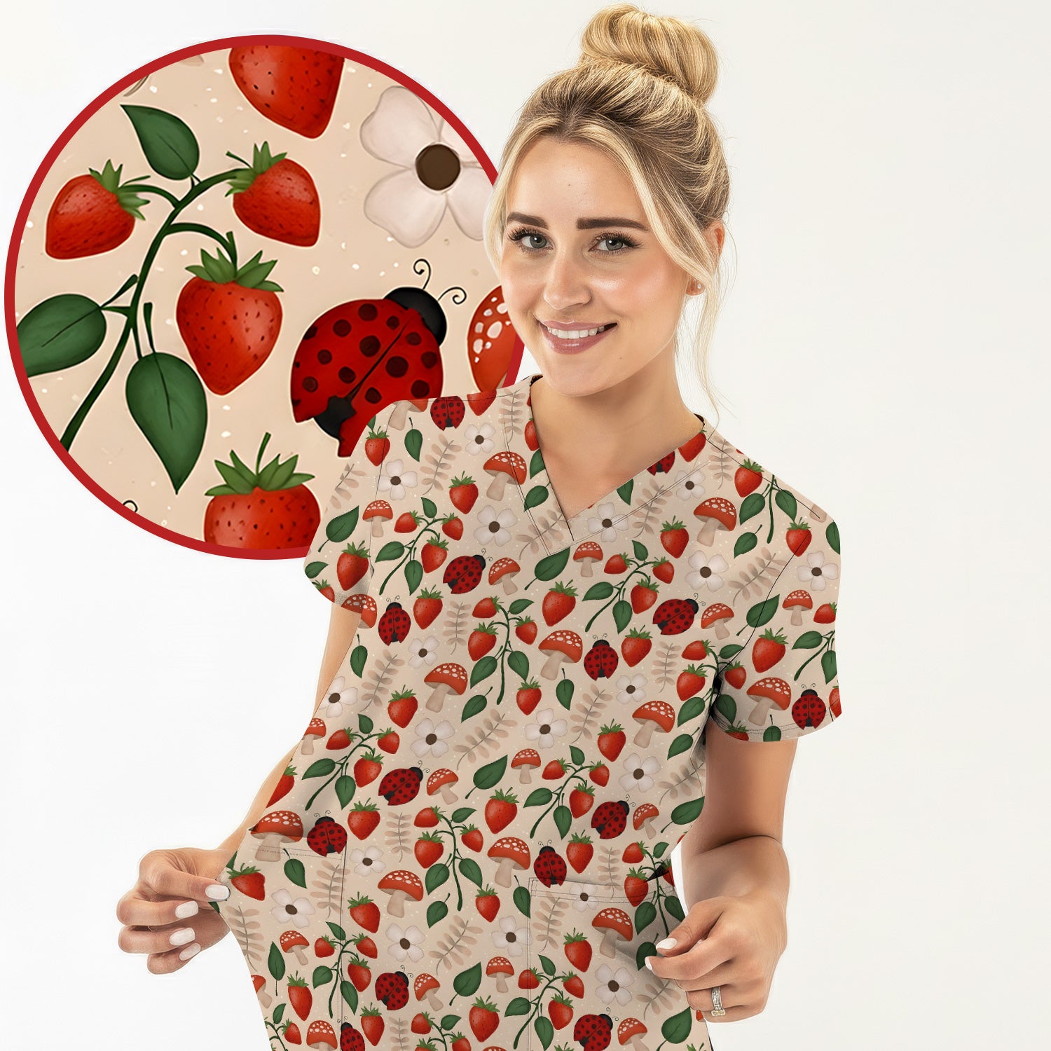 Strawberry Ladybug Mushroom Floral Scrub Top, Breathable Fabrics Nursing Uniform