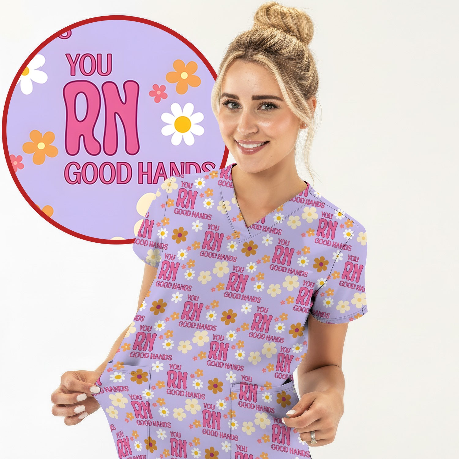 You RN Good Hands Floral Daisy Pattern Scrub Top, Comfortable Scrubs for Nurses