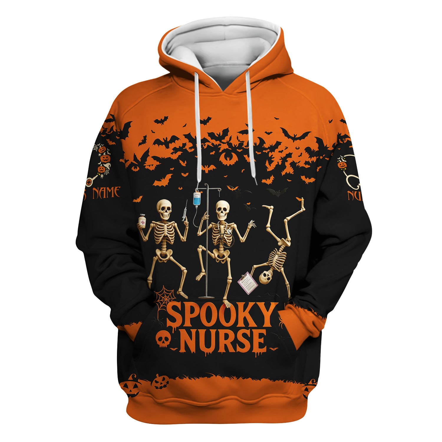 Spooky Nurse Halloween Shirt - Funny Skeleton Medical Scrub Top for RN CNA - Custom Name All Over Print Gift for Nurses