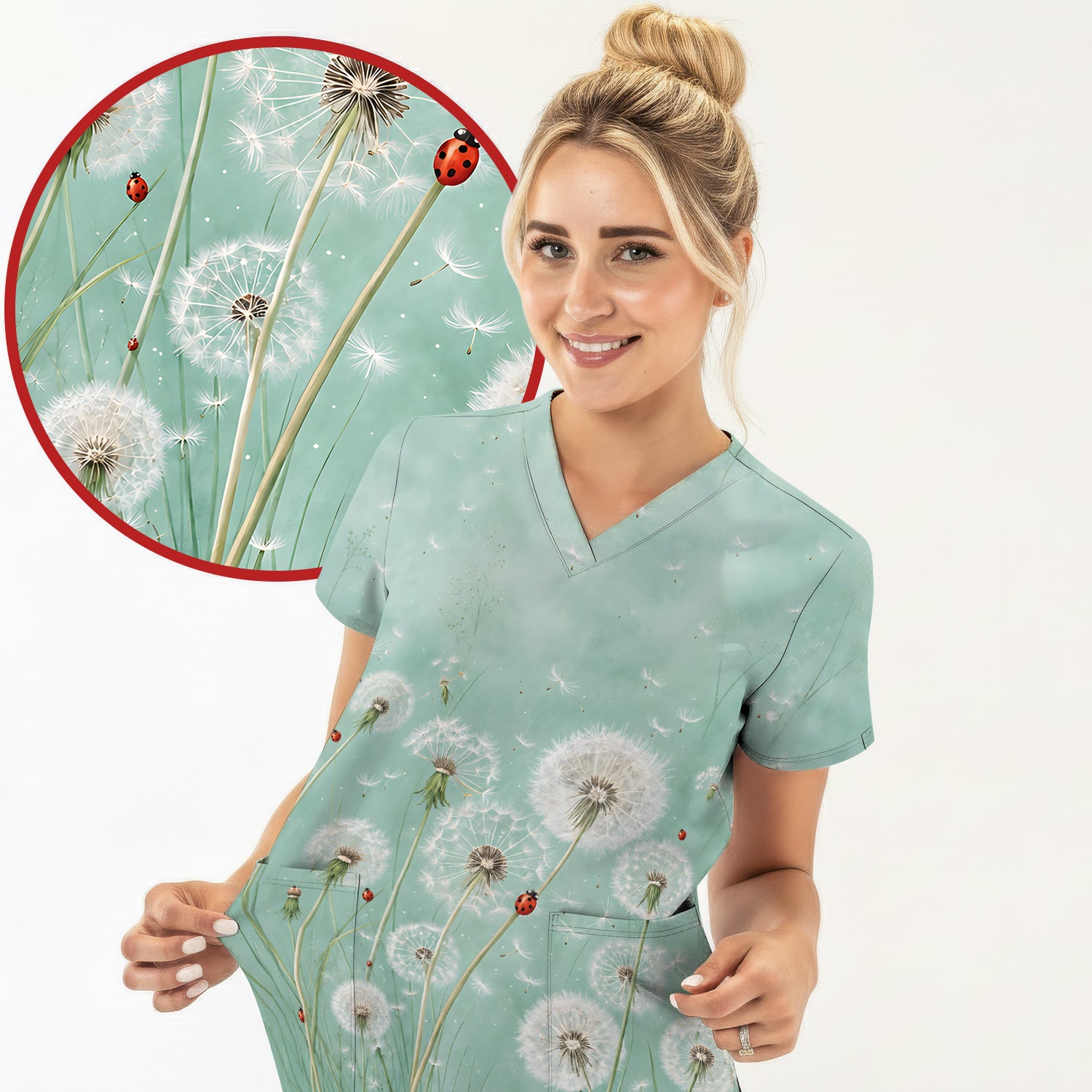 Dandelion Wishes Ladybug Meadow Pattern Scrub Top, Comfortable Scrubs for Nurses