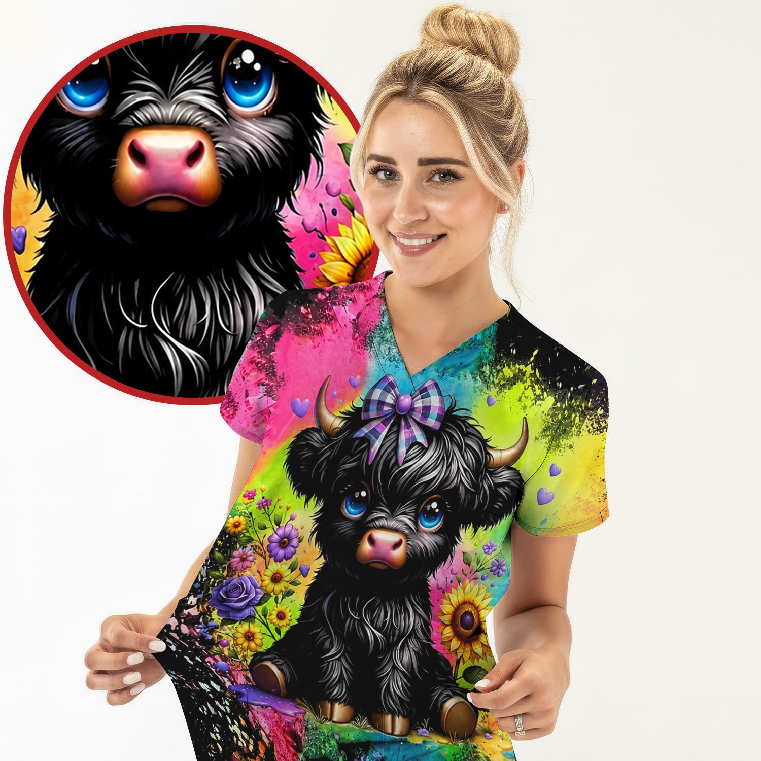 Baby Highland Cow Floral Print Scrub Top, Comfortable Scrubs for Nurses