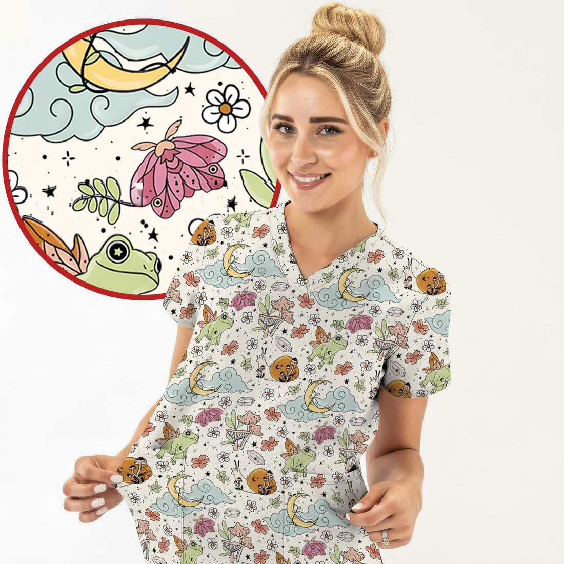 Whimsical Frog Moon Mushroom Pattern Scrub Top, Fantasy Nature Print, Breathable Fabrics Nursing Uniform