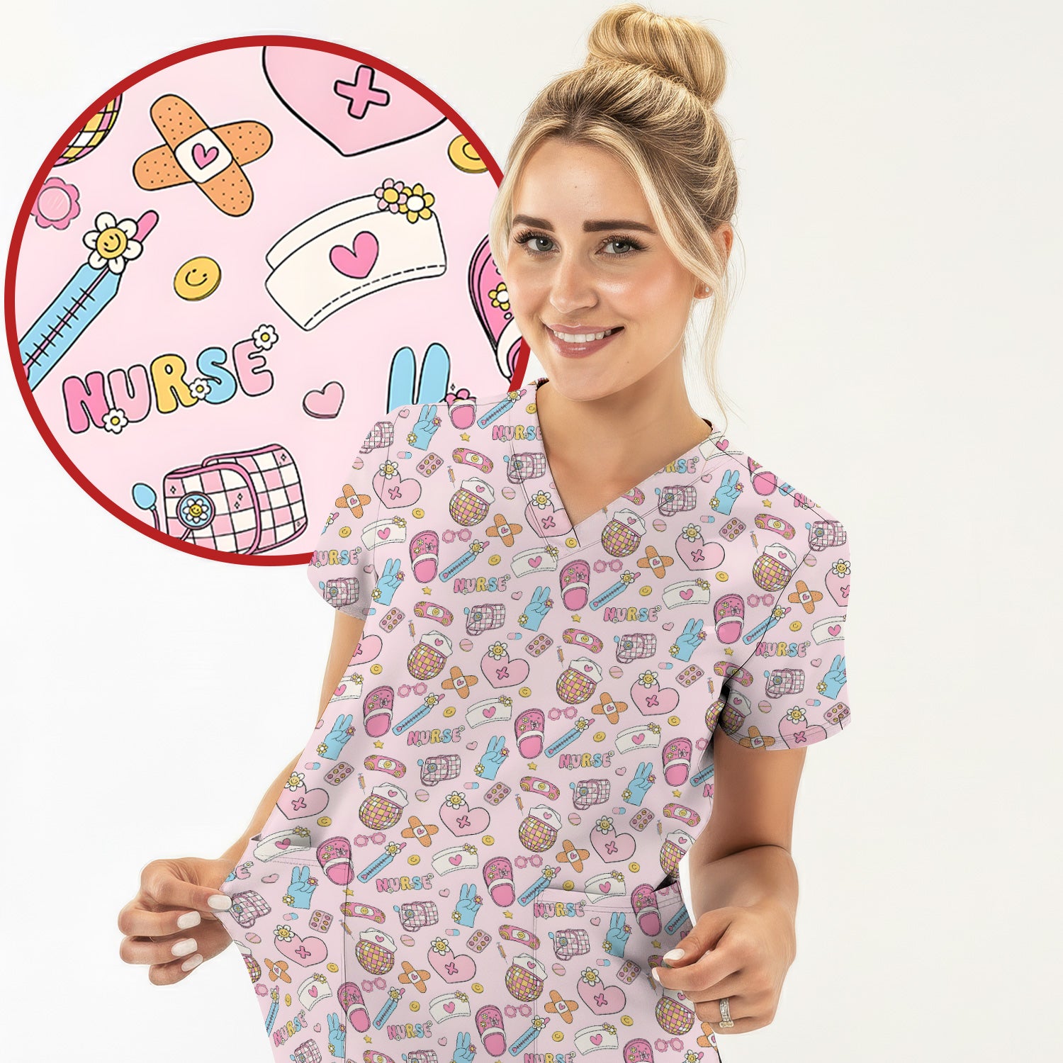 Cute Nurse Pink Medical Tools Pattern Scrub Top, Breathable Healthcare Uniform Top
