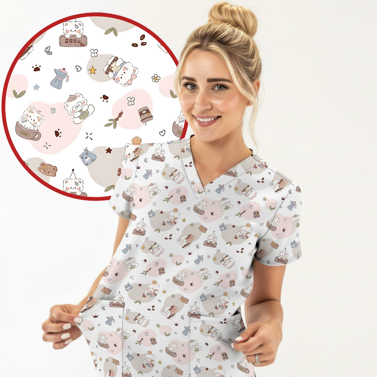Cute Cat With Coffee Paw Heart Pattern Scrub Top, Comfortable Scrubs for Nurses