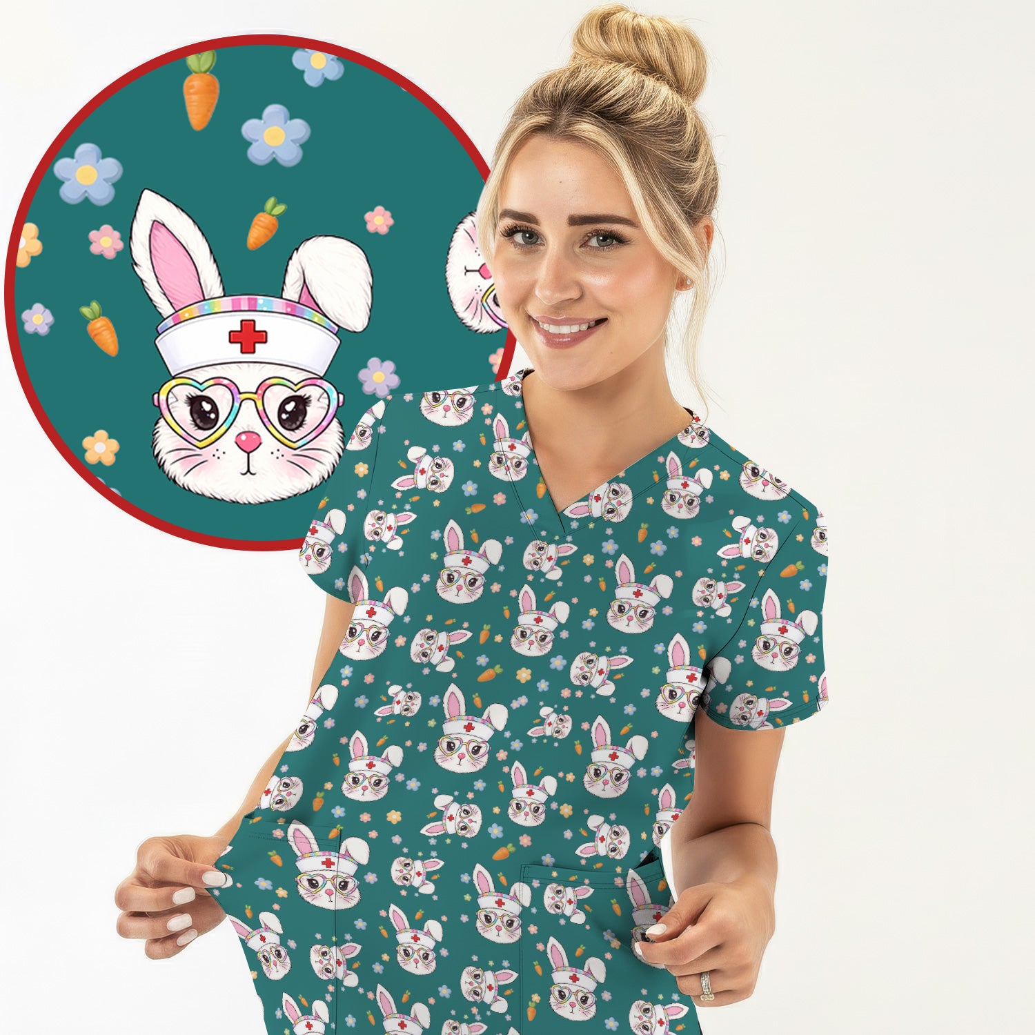 Cute Easter Bunny Nurse Pattern Scrub Top, Breathable Fabrics Nursing Uniform