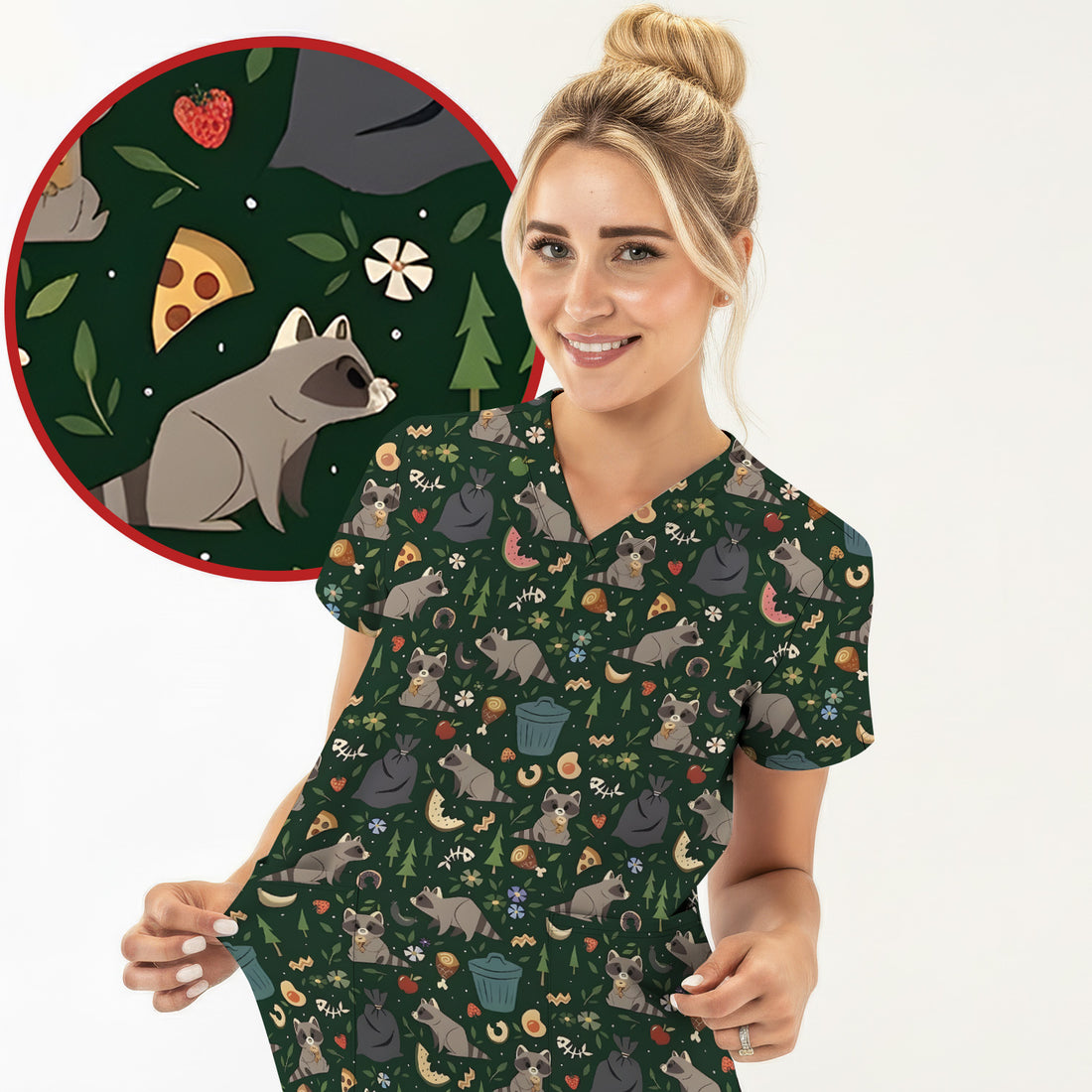 Cute Raccoon Forest Food Pattern Scrub Top, Breathable Fabrics Nursing Uniform