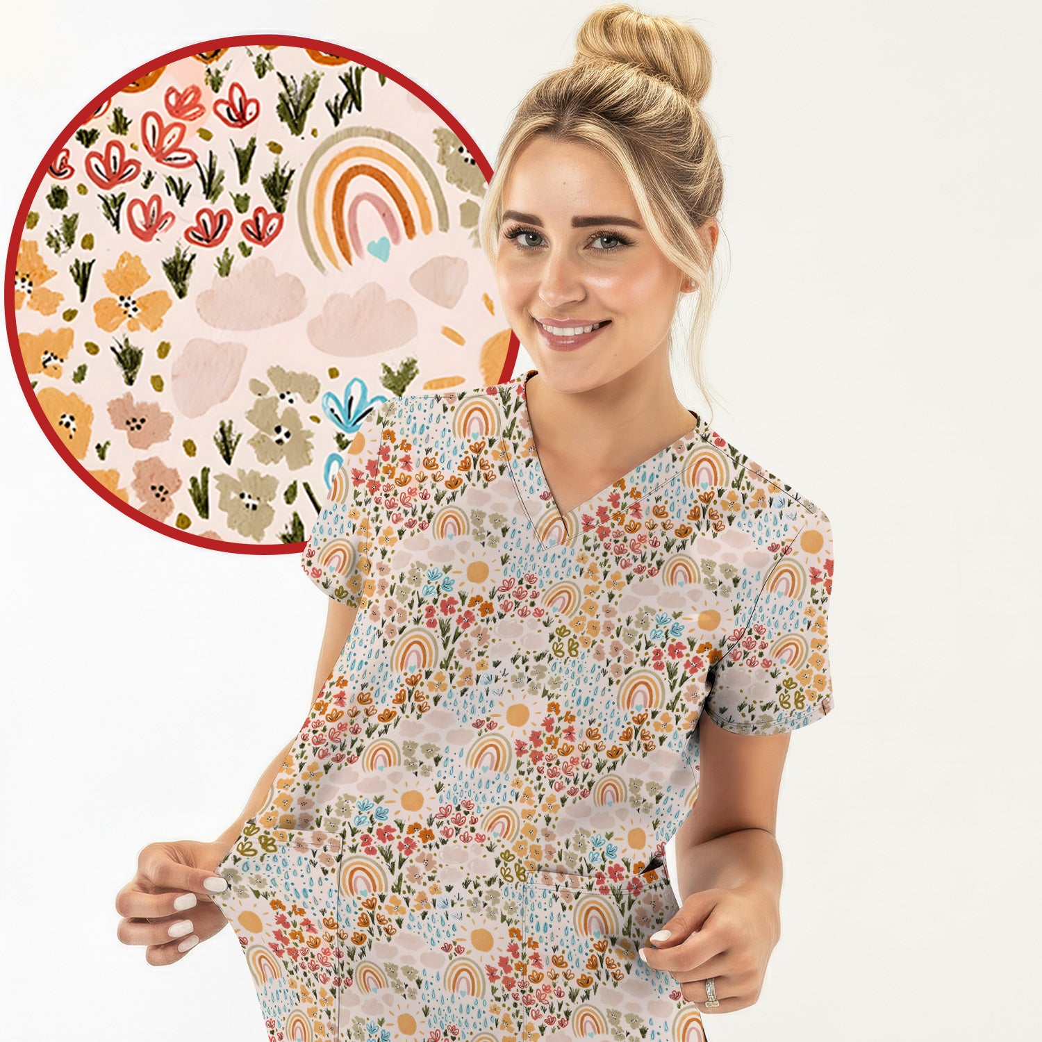 Cute Wildflower Meadow With Rainbow Sun And Raindrops Scrub Top, Comfortable Scrubs for Nurses