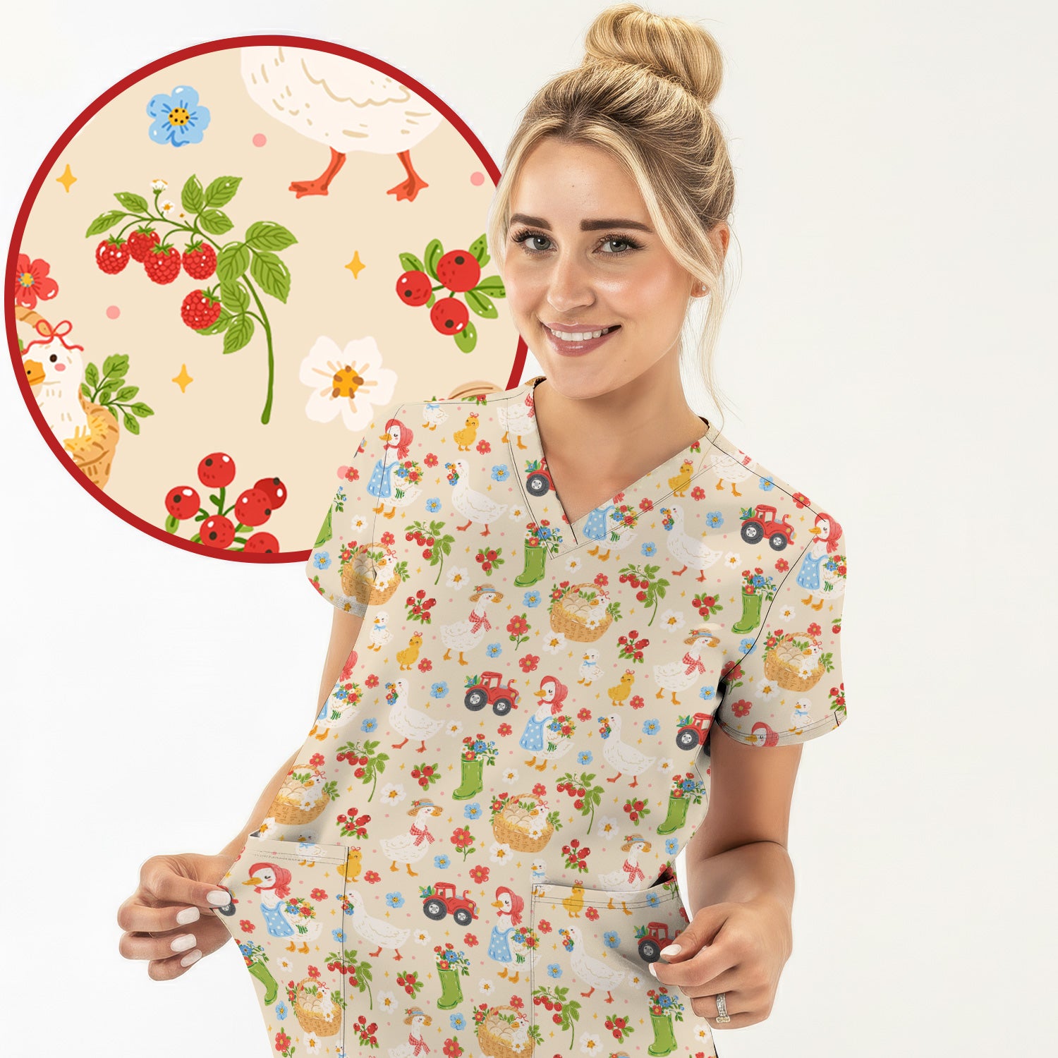 Farm Duck Chicken Tractor Flower Basket Scrub Top, Breathable Fabrics Nursing Uniform