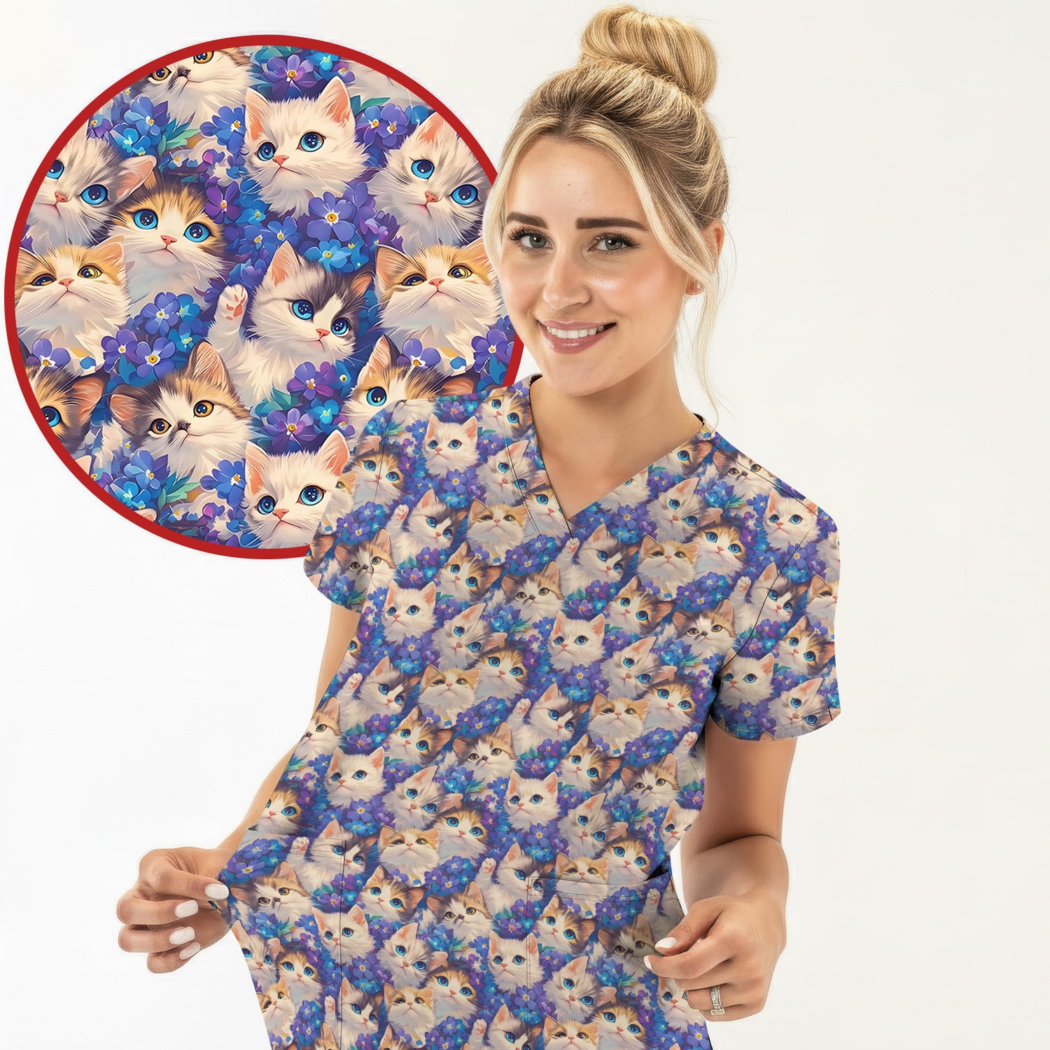 Cute Blue Eyed Kitten Pattern Scrub Top, Comfortable Scrubs for Nurses