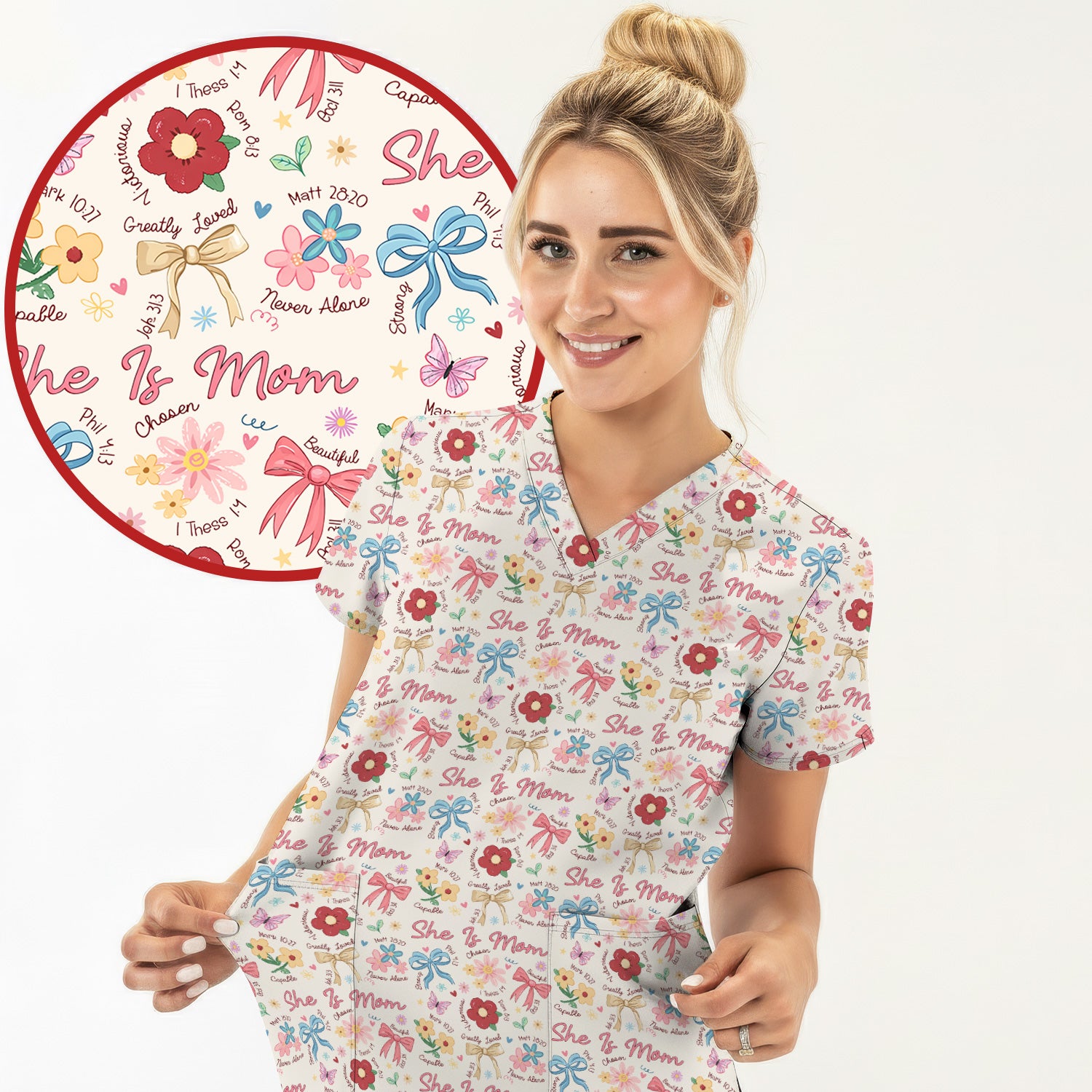 She Is Mom Floral Bow Pattern Scrub Top, Comfortable Scrubs for Nurses