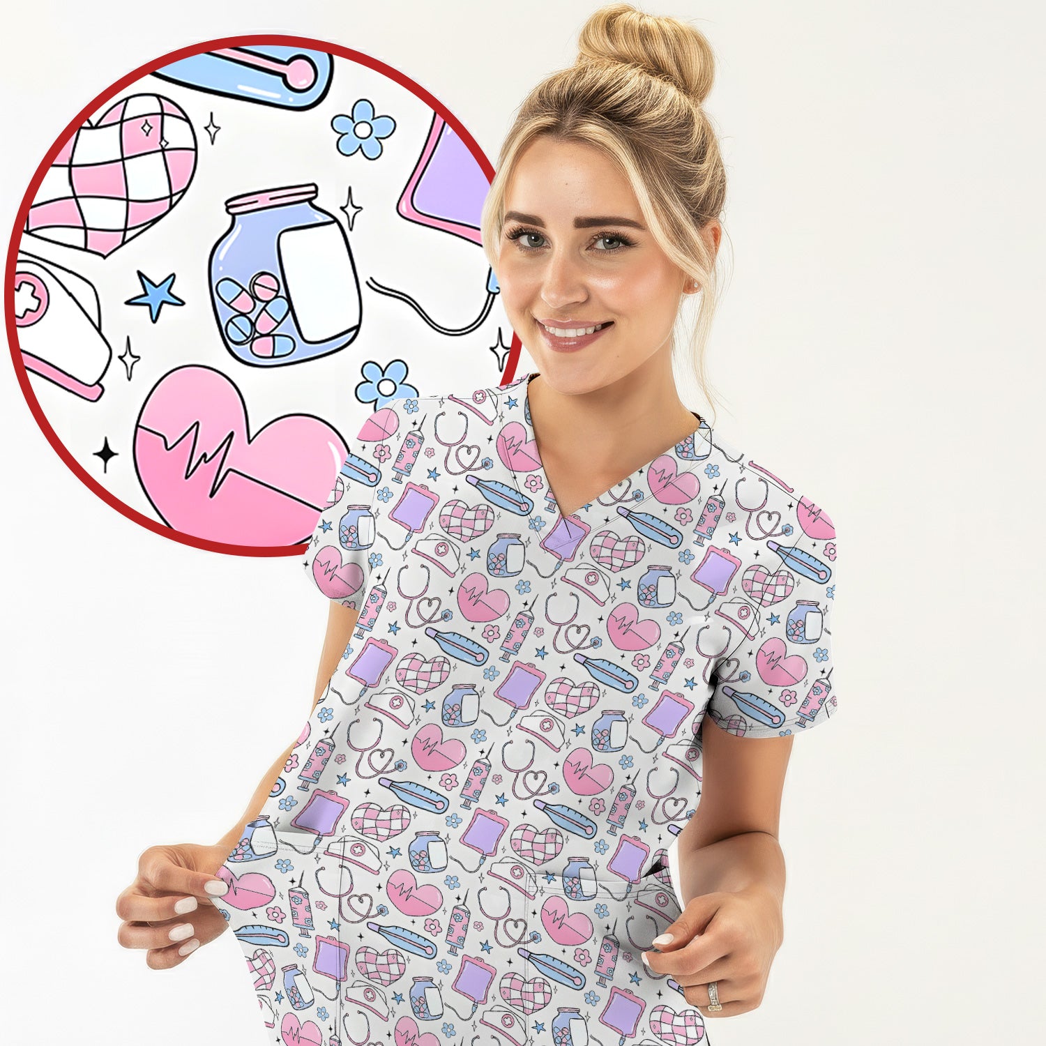 Cute Pastel Medical Icons Pattern Scrub Top, Comfortable Scrubs for Nurses