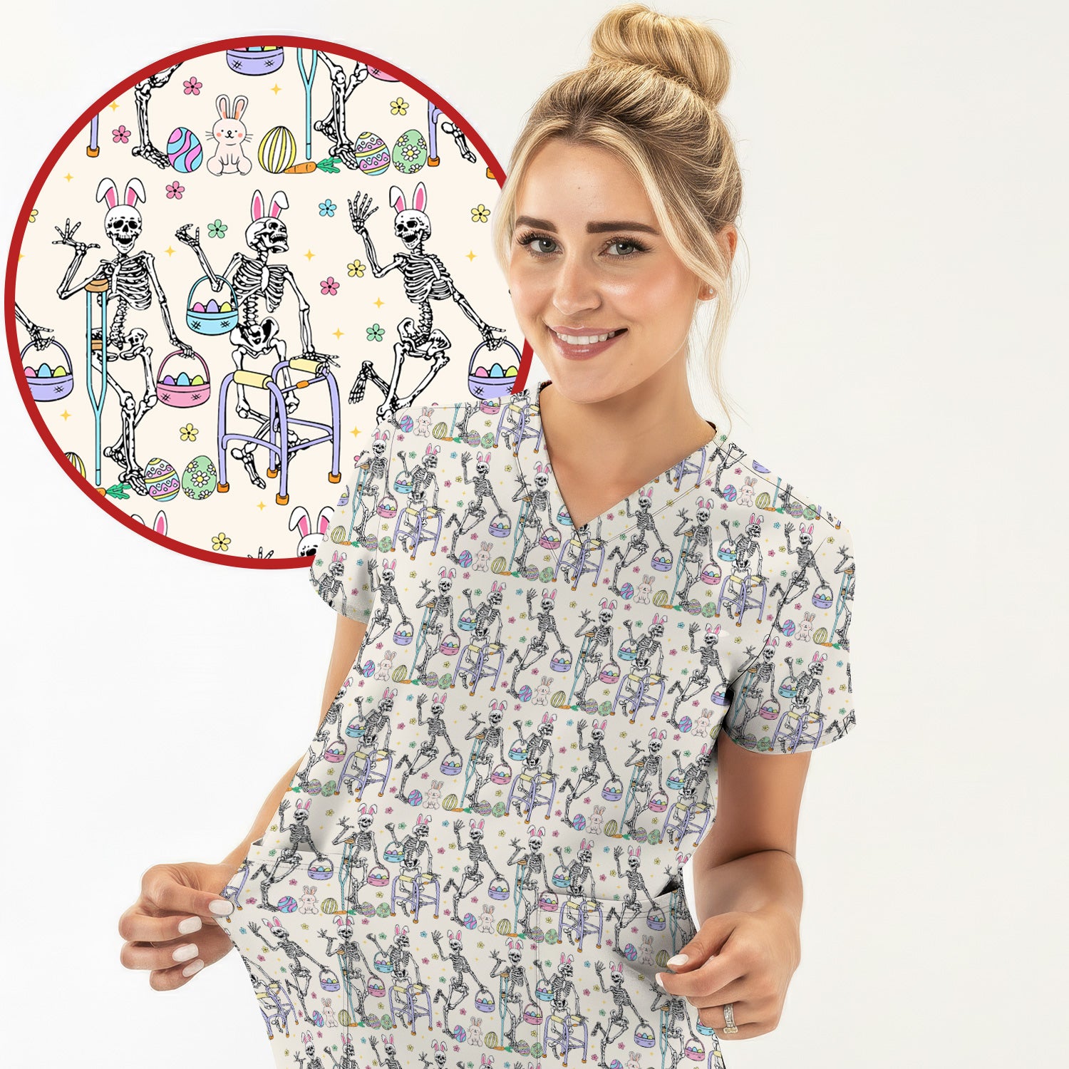 Fun Skeleton Bunny Easter Print Scrub Top, Comfortable Scrubs for Nurses