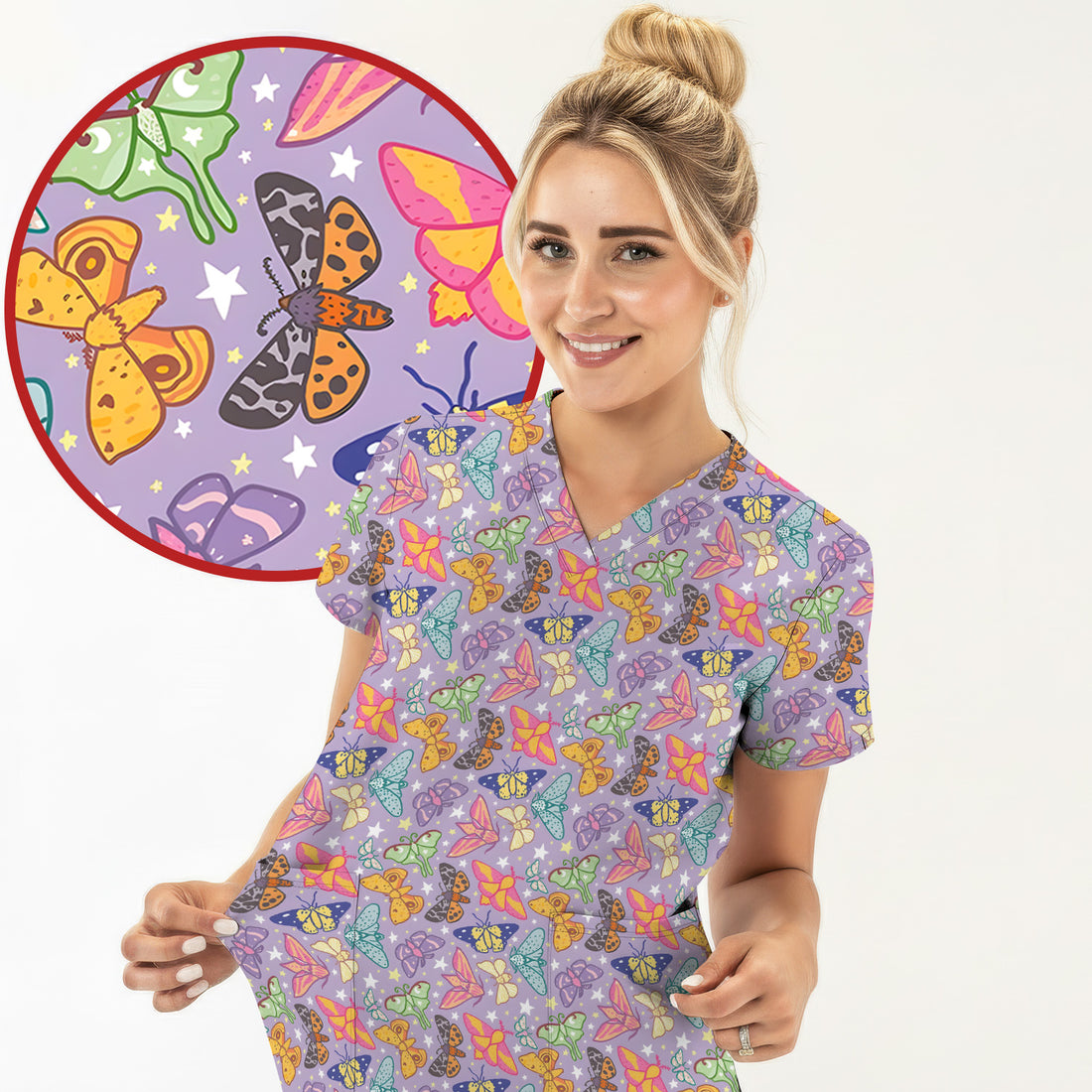 Colorful Butterfly Moth Pattern Scrub Top, Comfortable Scrubs for Nurses