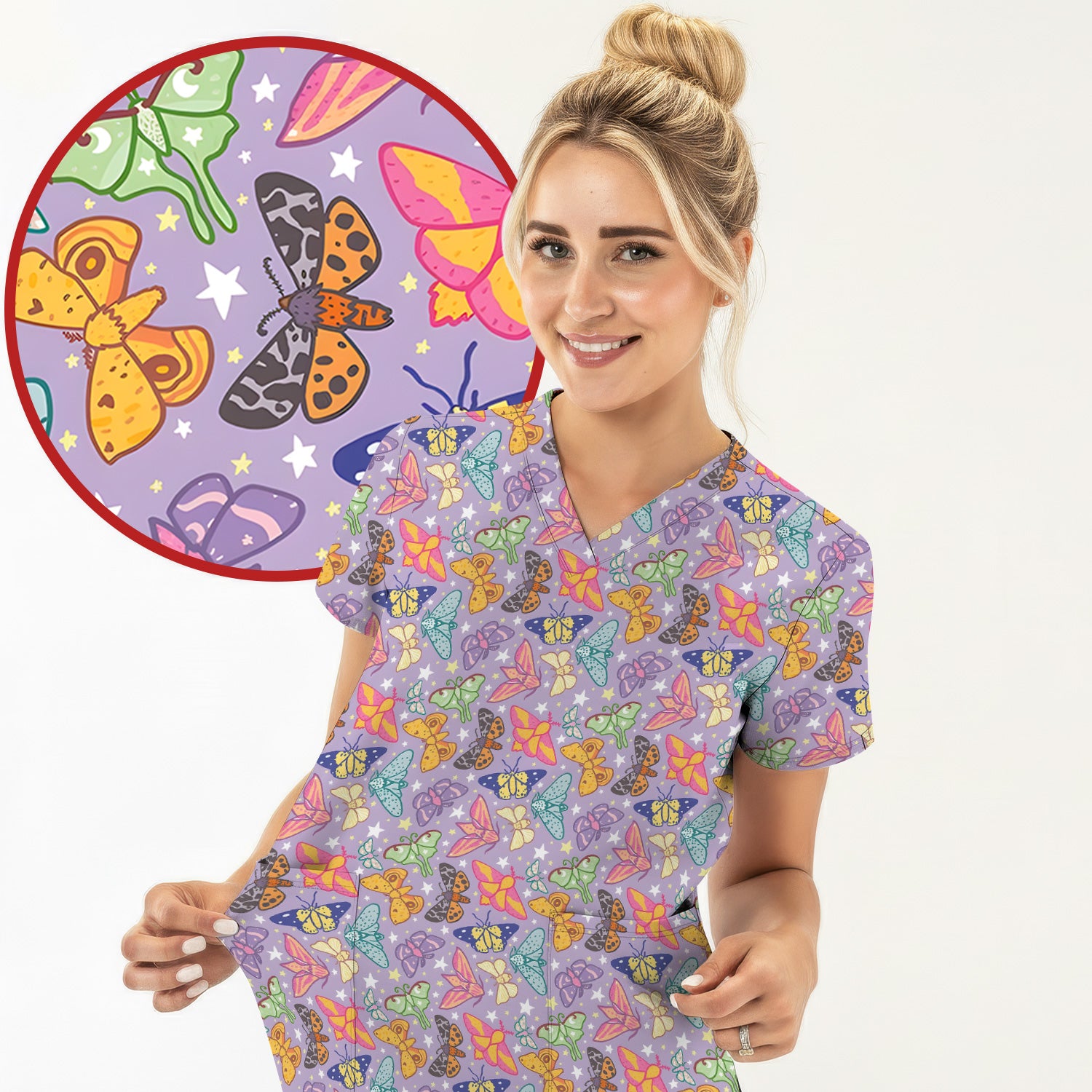 Colorful Butterfly Moth Pattern Scrub Top, Comfortable Scrubs for Nurses