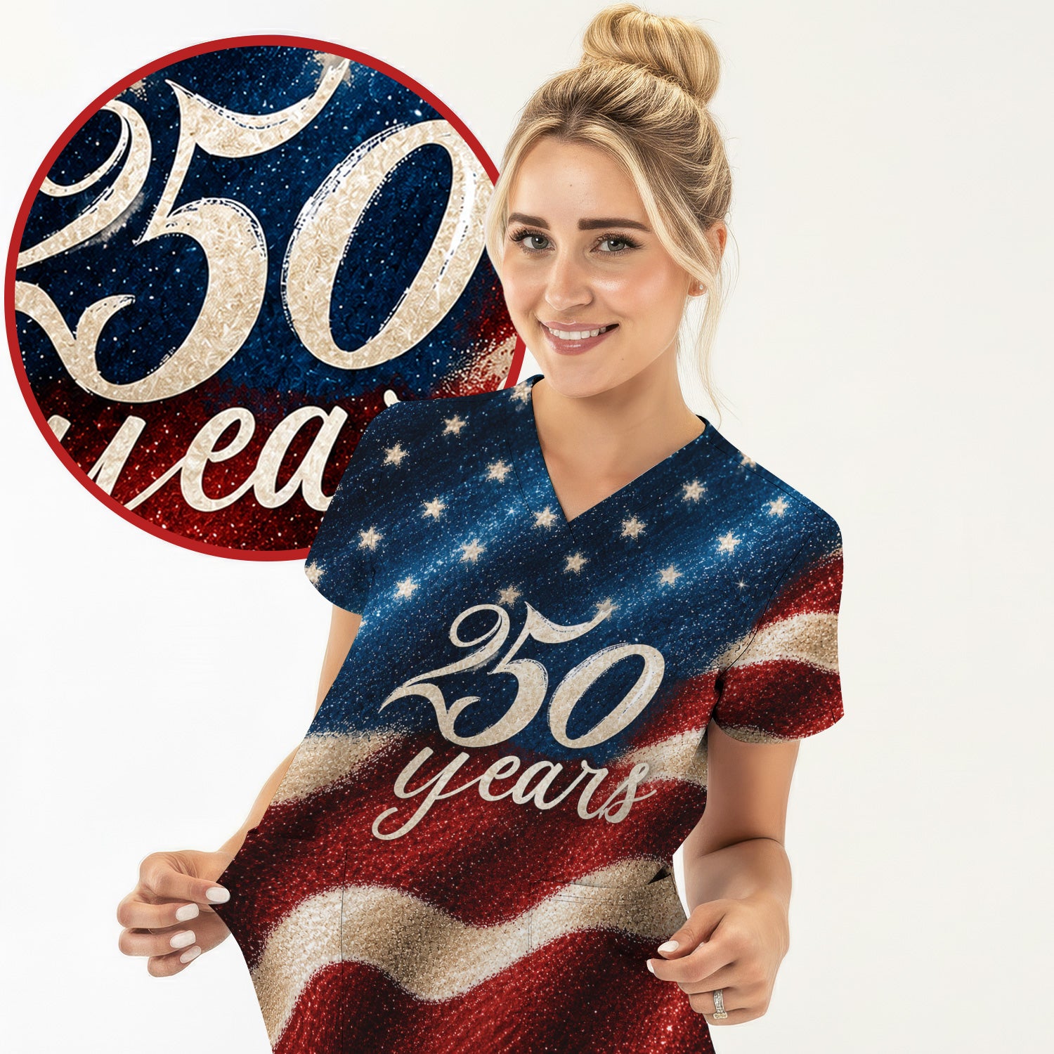 Festive American Flag 250 Years Pattern Scrub Top, Comfortable Scrubs for Nurses