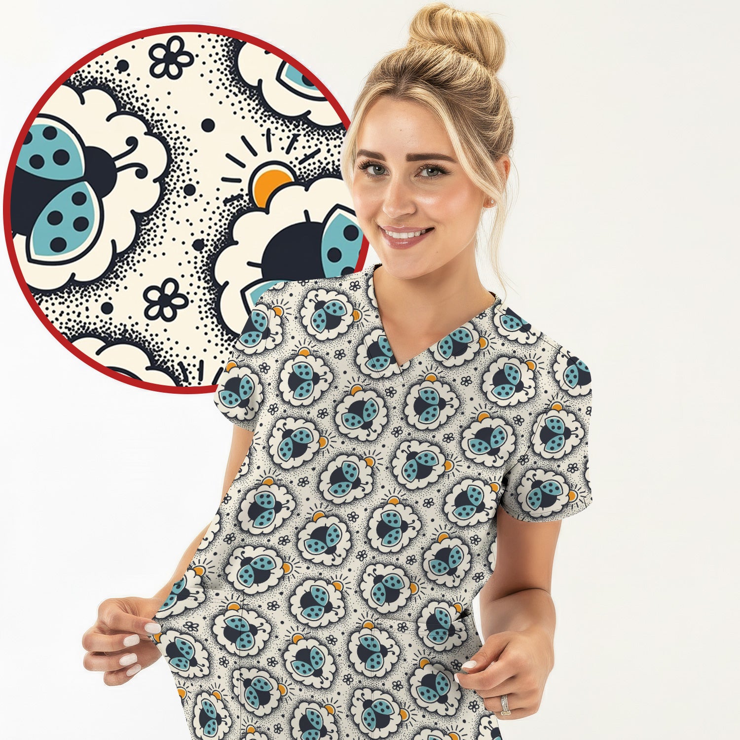 Cute Ladybug in Floral Frame Pattern Scrub Top, Breathable Fabrics Nursing Uniform