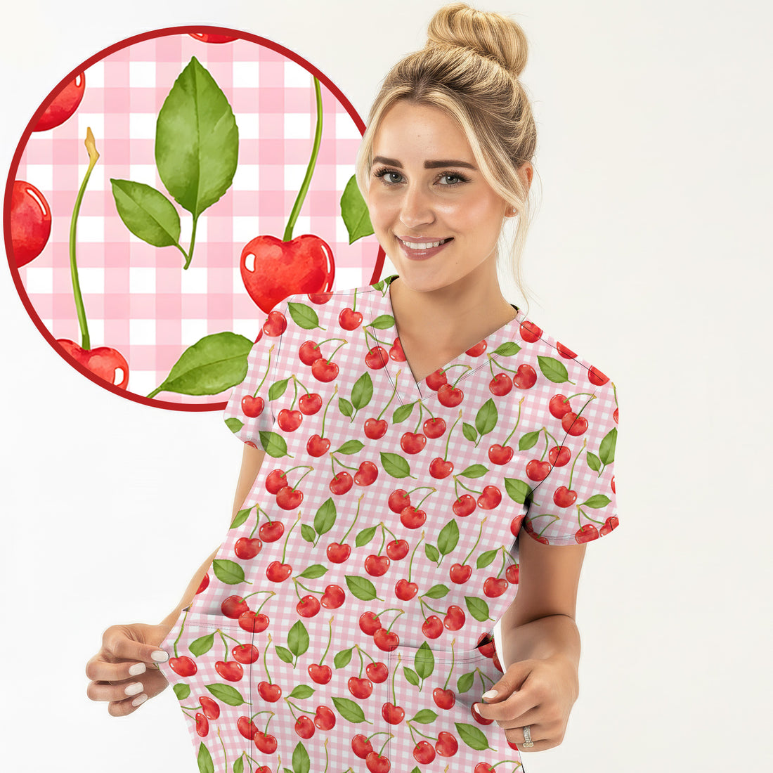 Sweet Red Cherry Gingham Pattern Scrub Top, Comfortable Scrubs for Nurses