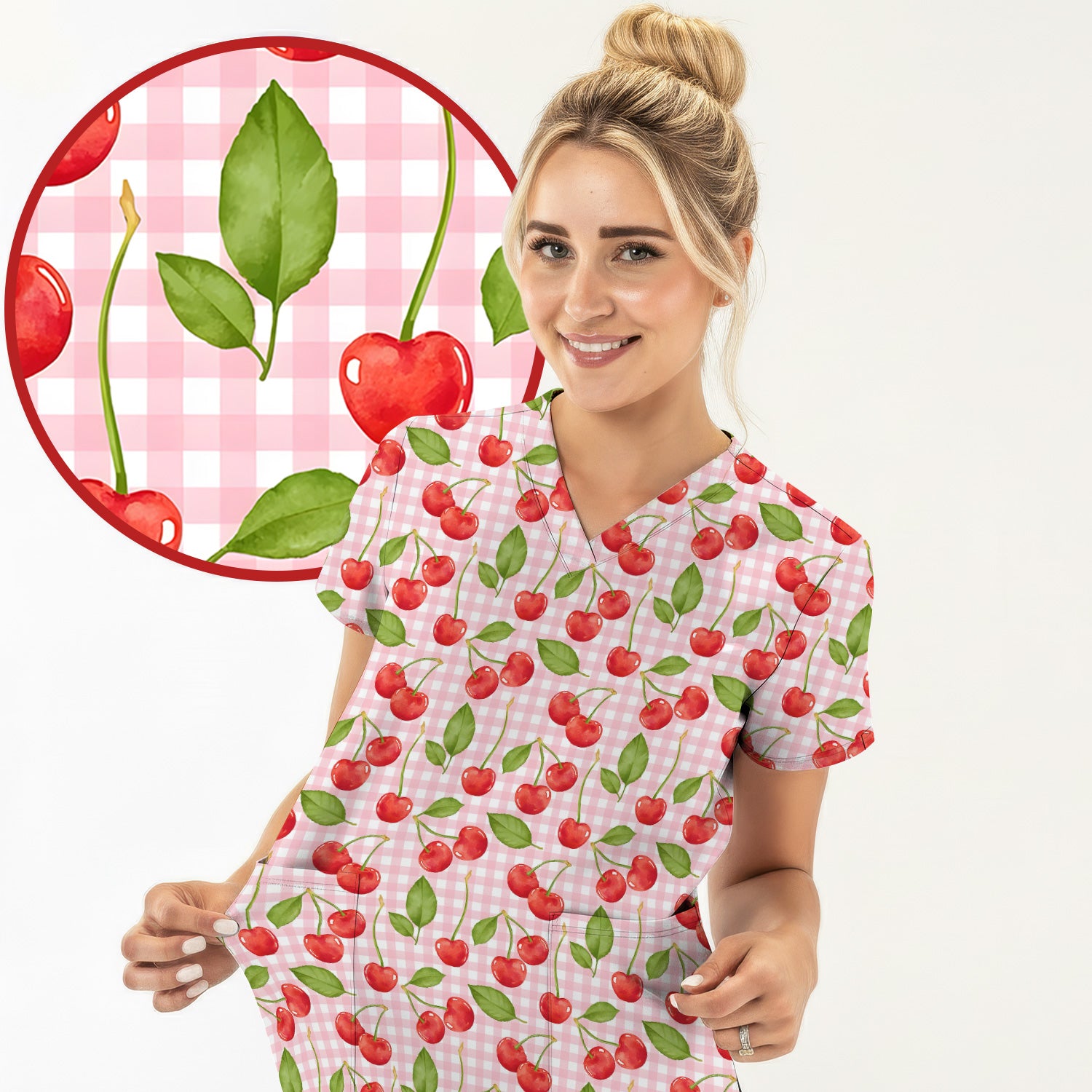 Sweet Red Cherry Gingham Pattern Scrub Top, Comfortable Scrubs for Nurses