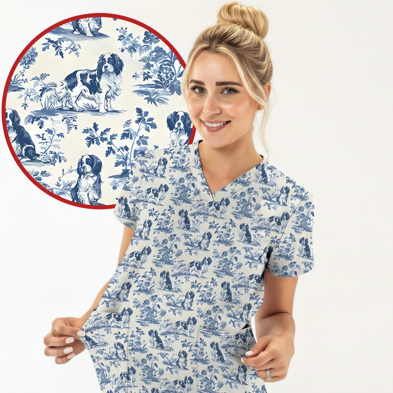 Dog Pattern Toile De Jouy Scrub Top, Vintage Dog Print Nurse Scrub Shirt, Cute Vet Tech Uniform