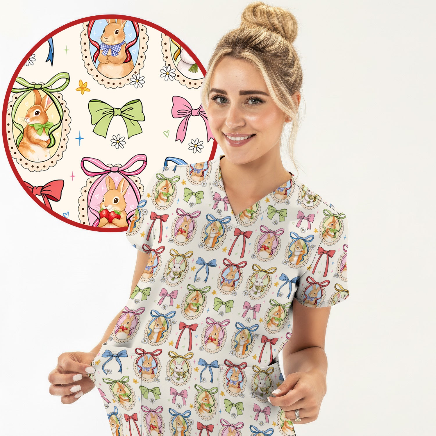 Cute Easter Bunny Cameo Colorful Bow Pattern Scrub Top, Breathable Fabrics Nursing Uniform