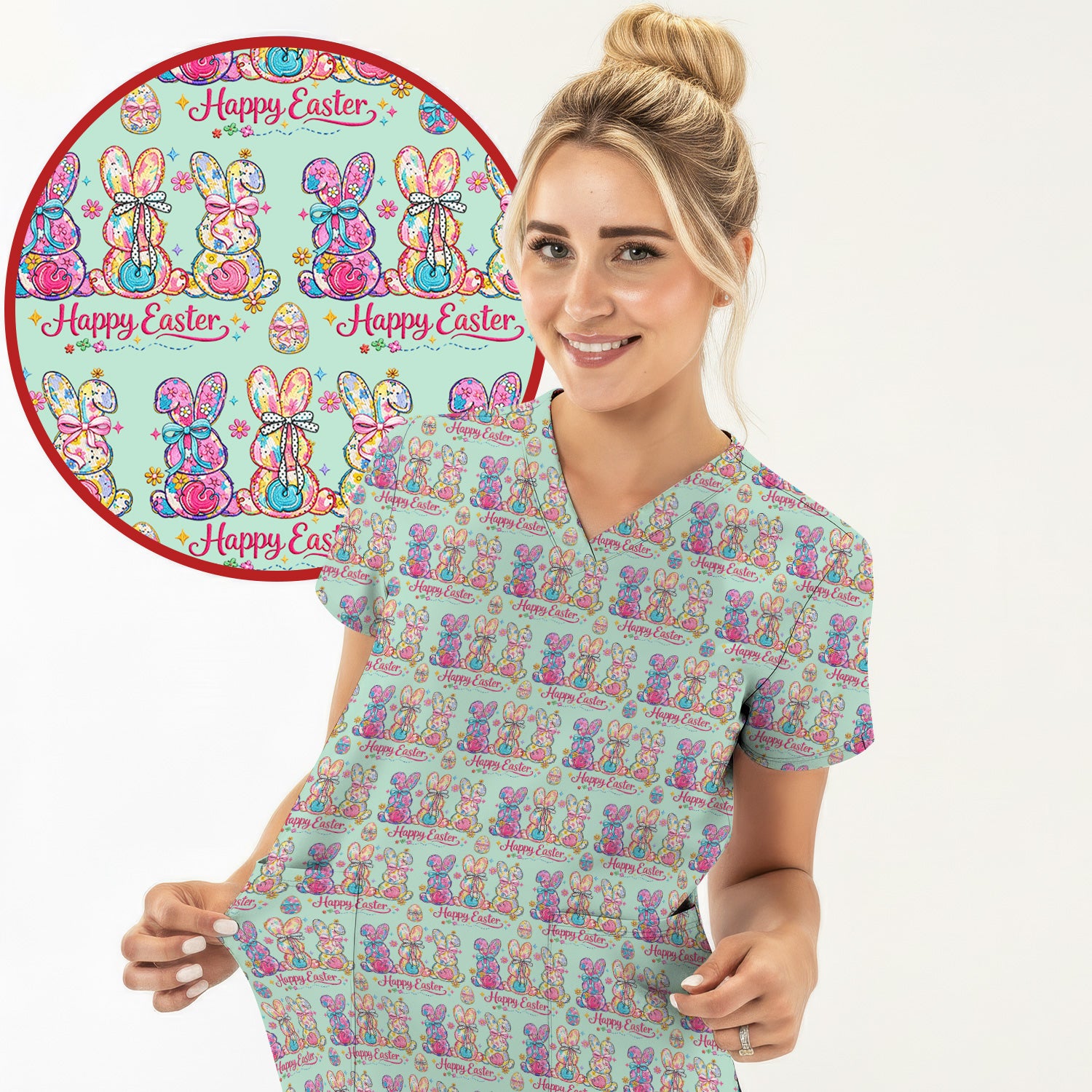 Pink Happy Easter Bunny Pattern Scrub Set, Scrub Pants and V Neck Top