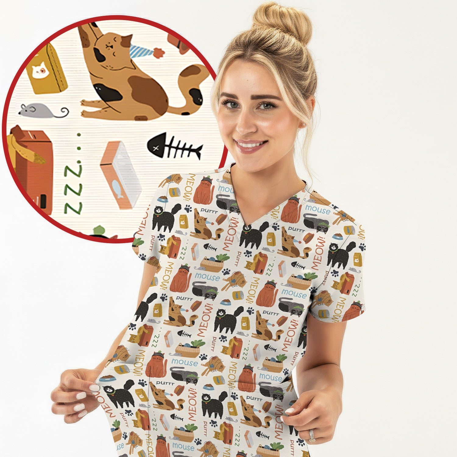 Meow Purr Cat Life Print Scrub Top, Comfortable Scrubs for Nurses
