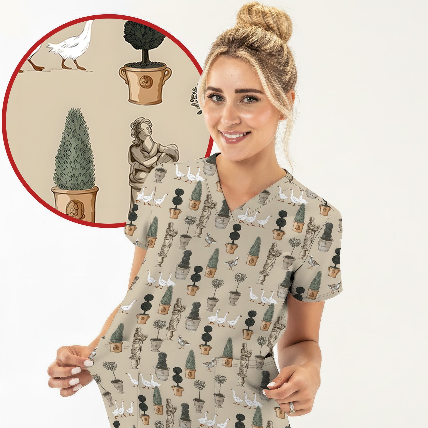 Vintage Garden Statue Topiary Goose Bird Pattern Scrub Top, Comfortable Scrubs for Nurses