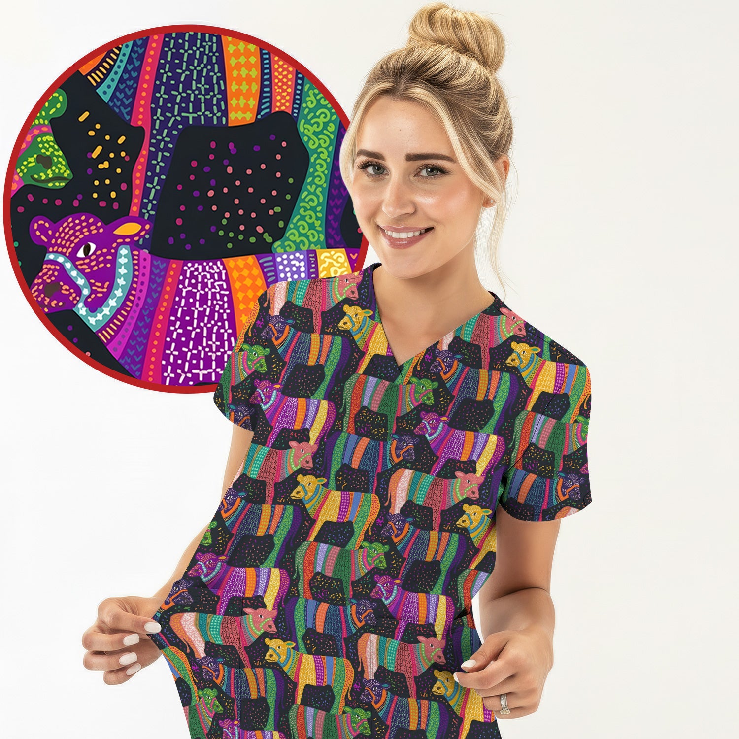 Vibrant Patchwork Rainbow Cow Pattern Scrub Top, Comfortable Scrubs for Nurses