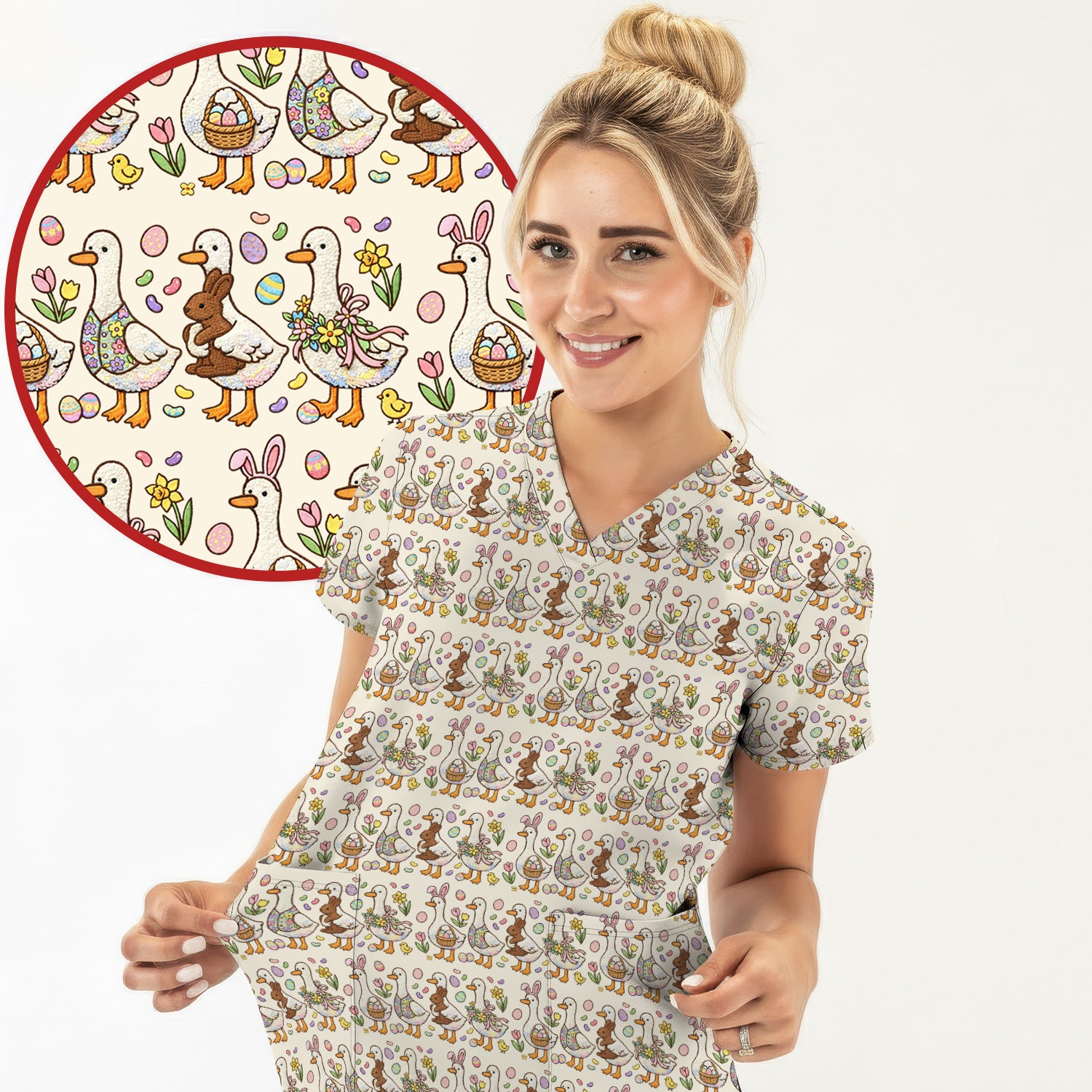 Easter Theme Duck and Bunny Egg Floral Print Scrub Top, Comfortable Scrubs for Nurses