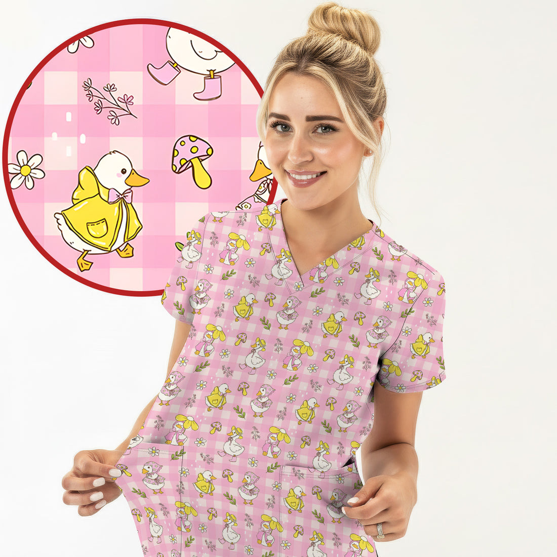 Spring Duckling Gingham Pattern Scrub Top, Comfortable Scrubs for Nurses