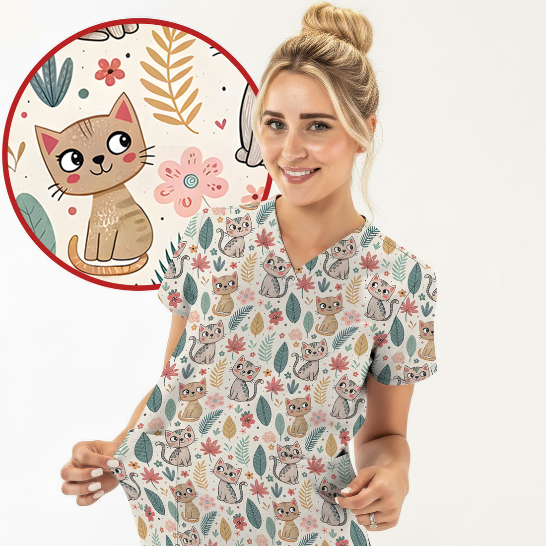 Cute Cartoon Cat Floral Leaf Pattern Scrub Top, Kawaii Kitty Nursing Uniform for Women