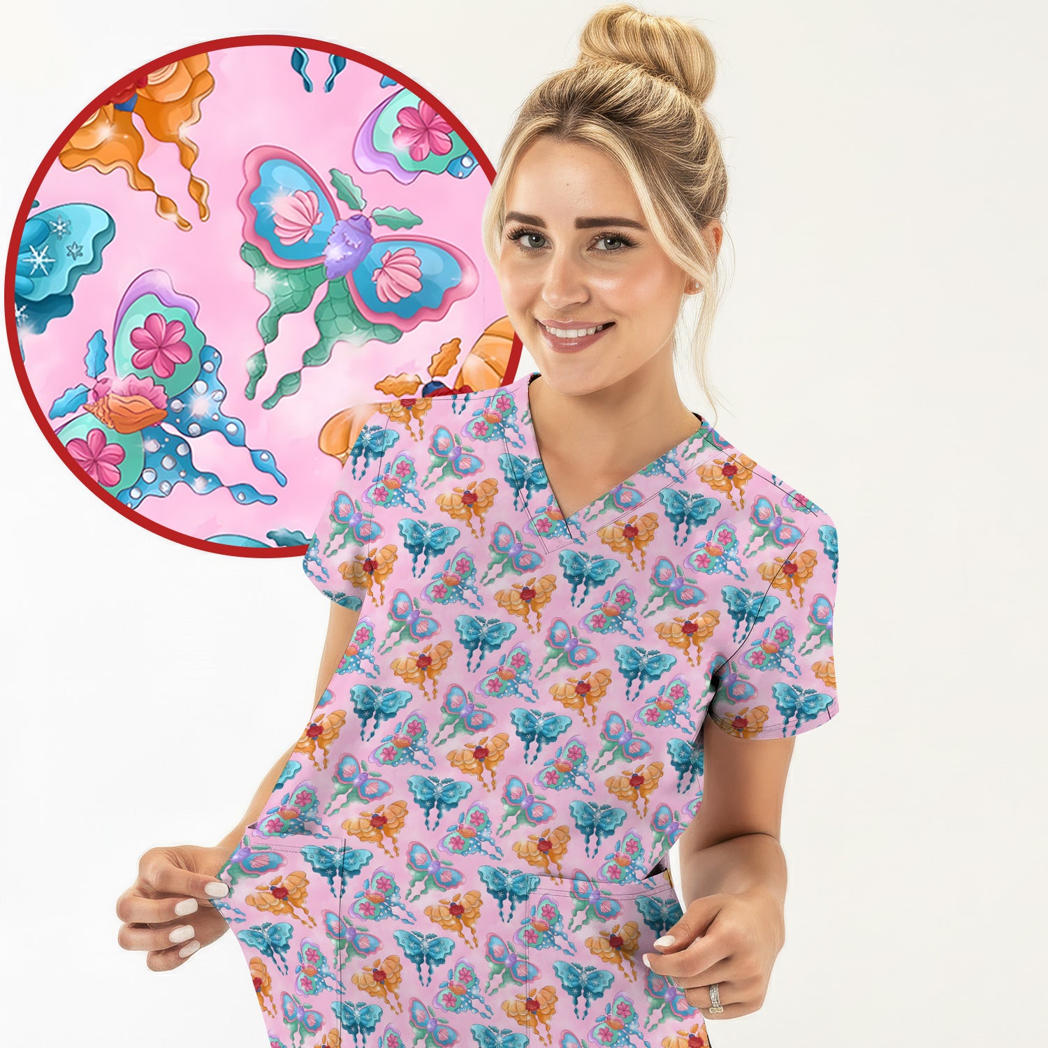 Colorful Butterfly With Floral Blossom Pattern Scrub Top, Comfortable Scrubs for Nurses