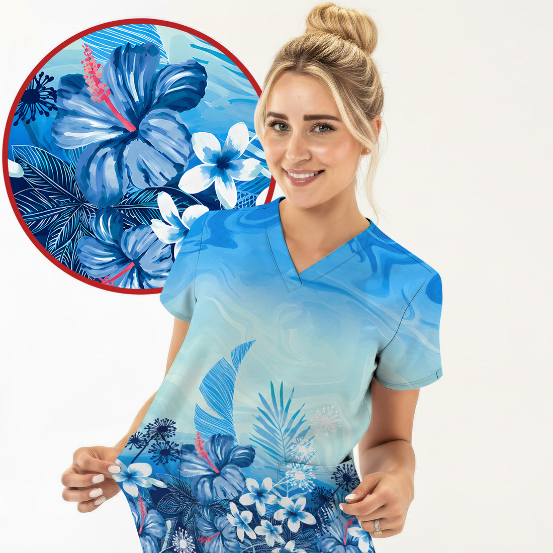 Elegant Blue Tropical Floral Pattern Scrub Top, Comfortable Scrubs for Nurses