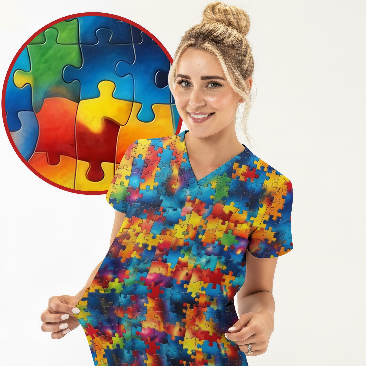 Bright Rainbow Puzzle Piece Art Scrub Set, Scrub Pants and V Neck Top