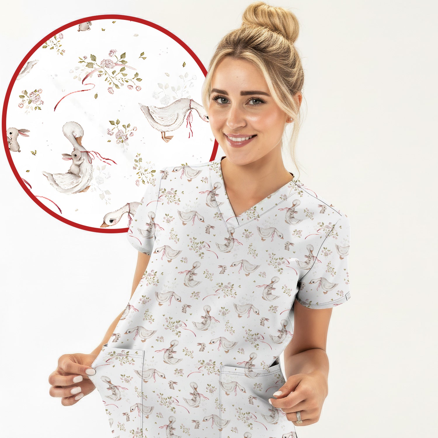 Cute Duck Bunny Floral Print Scrub Top, Breathable Fabrics Nursing Uniform, Easter